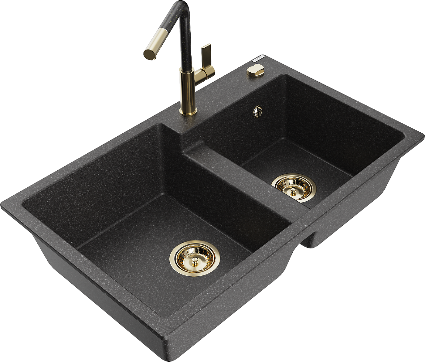 Mexen Tomas zlewozmywak granitowy 2-komorowy z baterią kuchenną Flora, czarny nakrapiany - 6516-76-670401-75-G