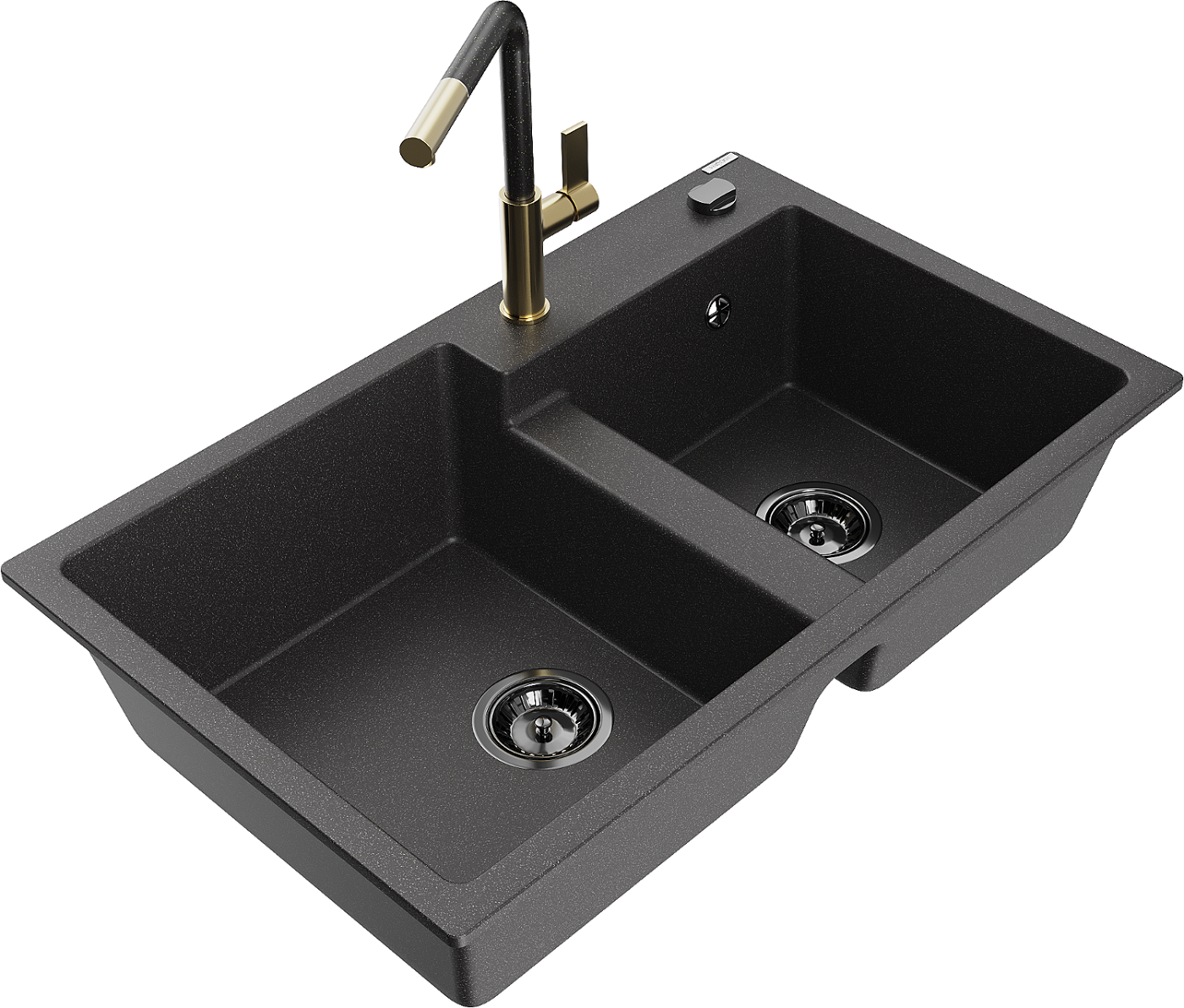 Mexen Tomas zlewozmywak granitowy 2-komorowy z baterią kuchenną Flora, czarny nakrapiany - 6516-76-670401-75-B