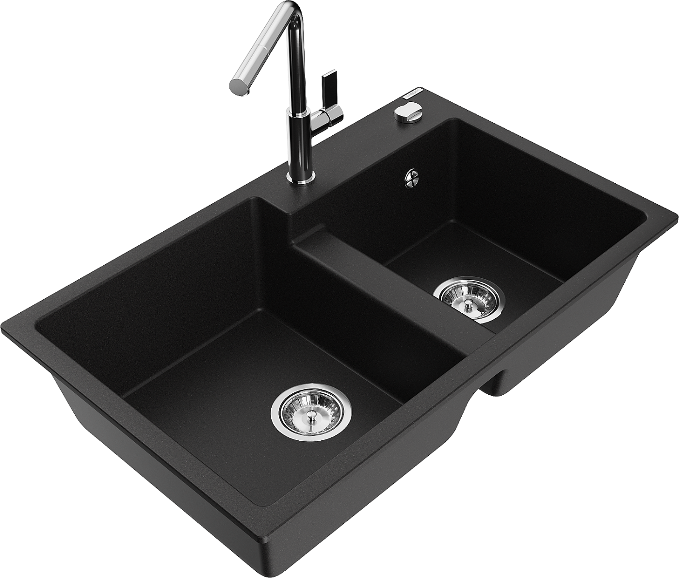Mexen Tomas zlewozmywak granitowy 2-komorowy z baterią kuchenną Flora, czarny - 6516-77-670401-00