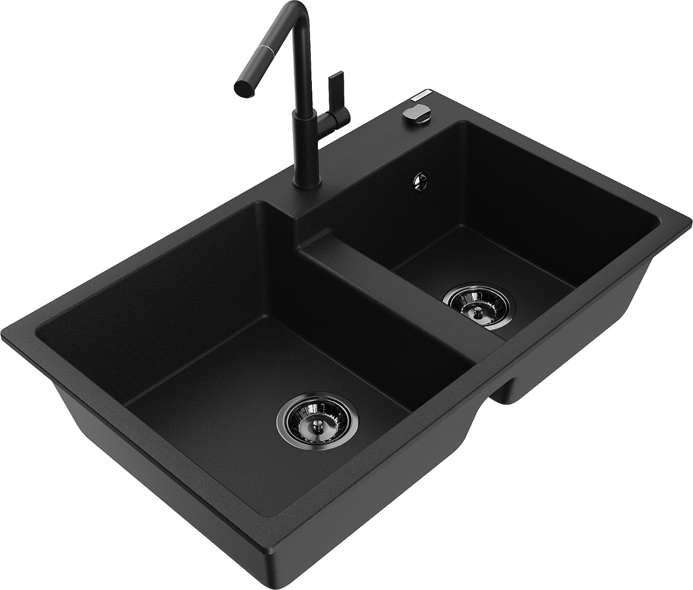 Mexen Tomas zlewozmywak granitowy 2-komorowy z baterią kuchenną Flora, czarny - 6516-77-670401-70-B