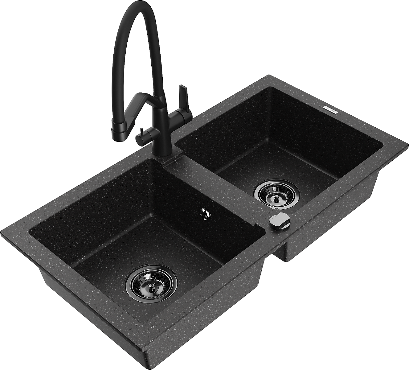 Mexen Mario zlewozmywak granitowy 2-komorowy z baterią kuchenną Duo, czarny/srebrny metalik - 6504-73-671701-70-B