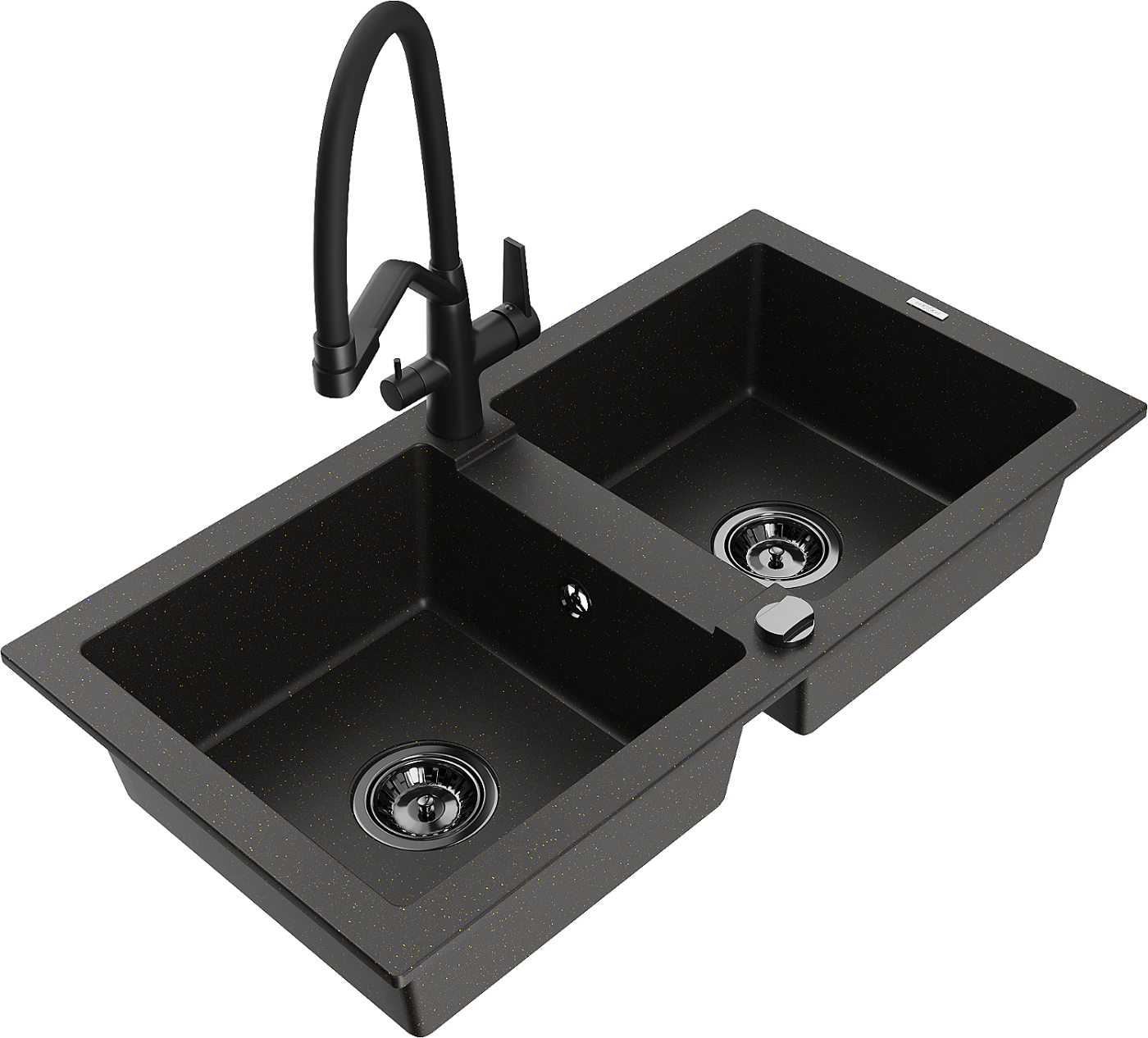 Mexen Mario zlewozmywak granitowy 2-komorowy z baterią kuchenną Duo, czarny/złoty metalik - 6504-75-671701-70-B