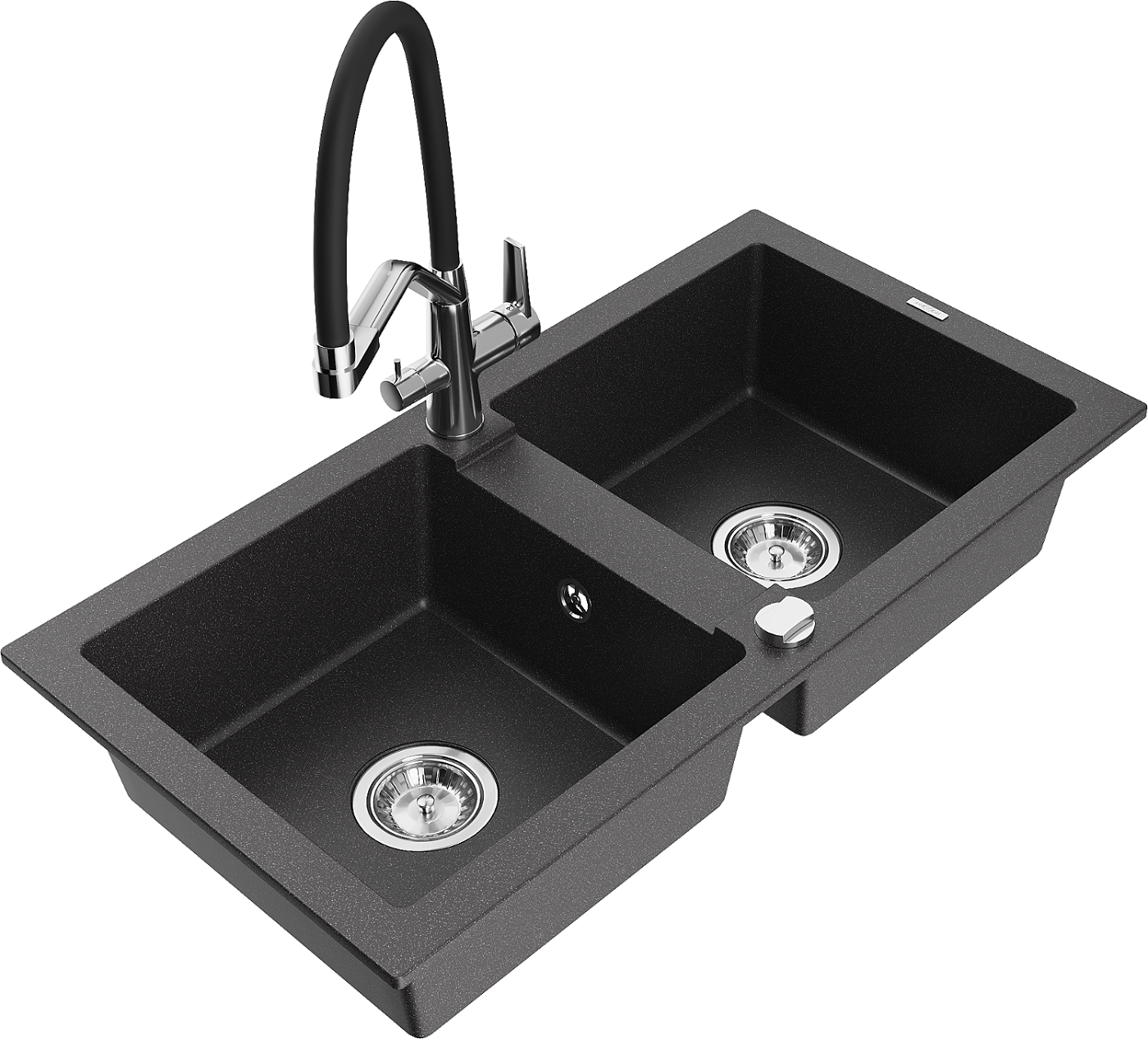 Mexen Mario zlewozmywak granitowy 2-komorowy z baterią kuchenną Duo, czarny nakrapiany - 6504-76-671701-07