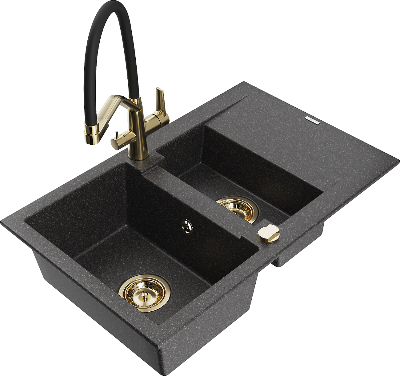 Mexen Gaspar zlewozmywak granitowy 1,5-komorowy z ociekaczem i baterią kuchenną Duo, czarny nakrapiany - 6507-76-671701-57-G