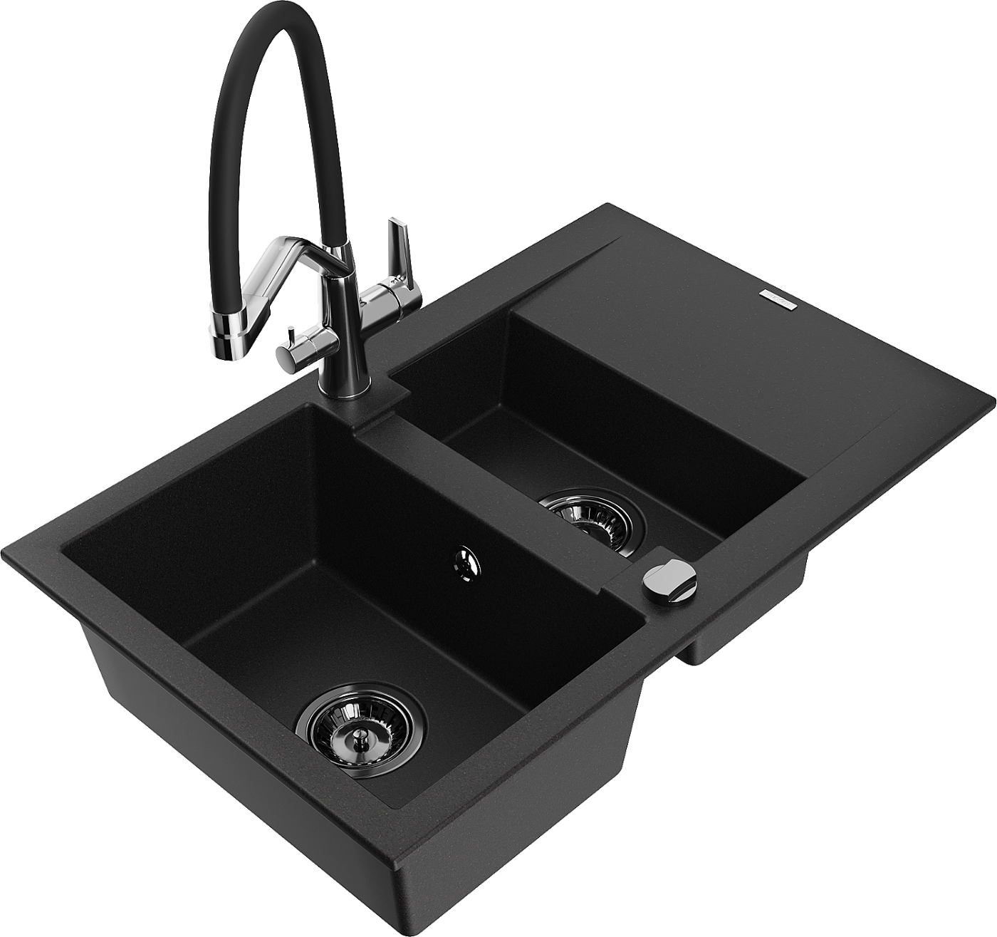 Mexen Gaspar zlewozmywak granitowy 1,5-komorowy z ociekaczem i baterią kuchenną Duo, czarny - 6507-77-671701-07-B
