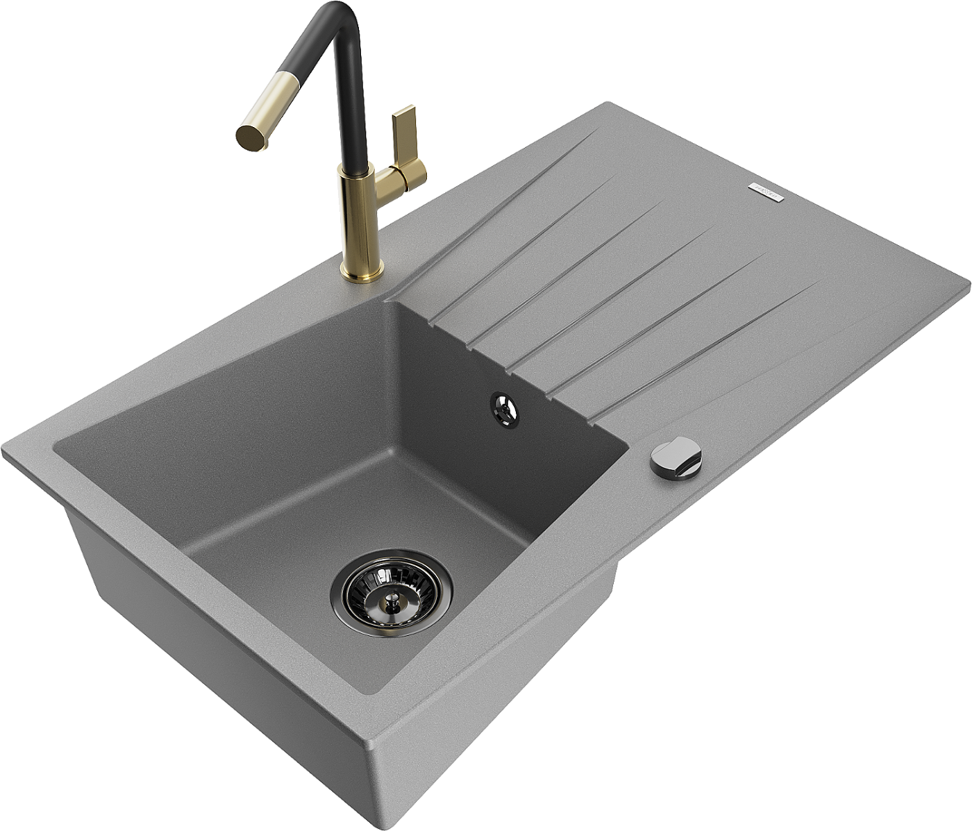 Mexen Cesar zlewozmywak granitowy 1-komorowy z ociekaczem i baterią kuchenną Flora, szary - 6514-71-670401-57-B