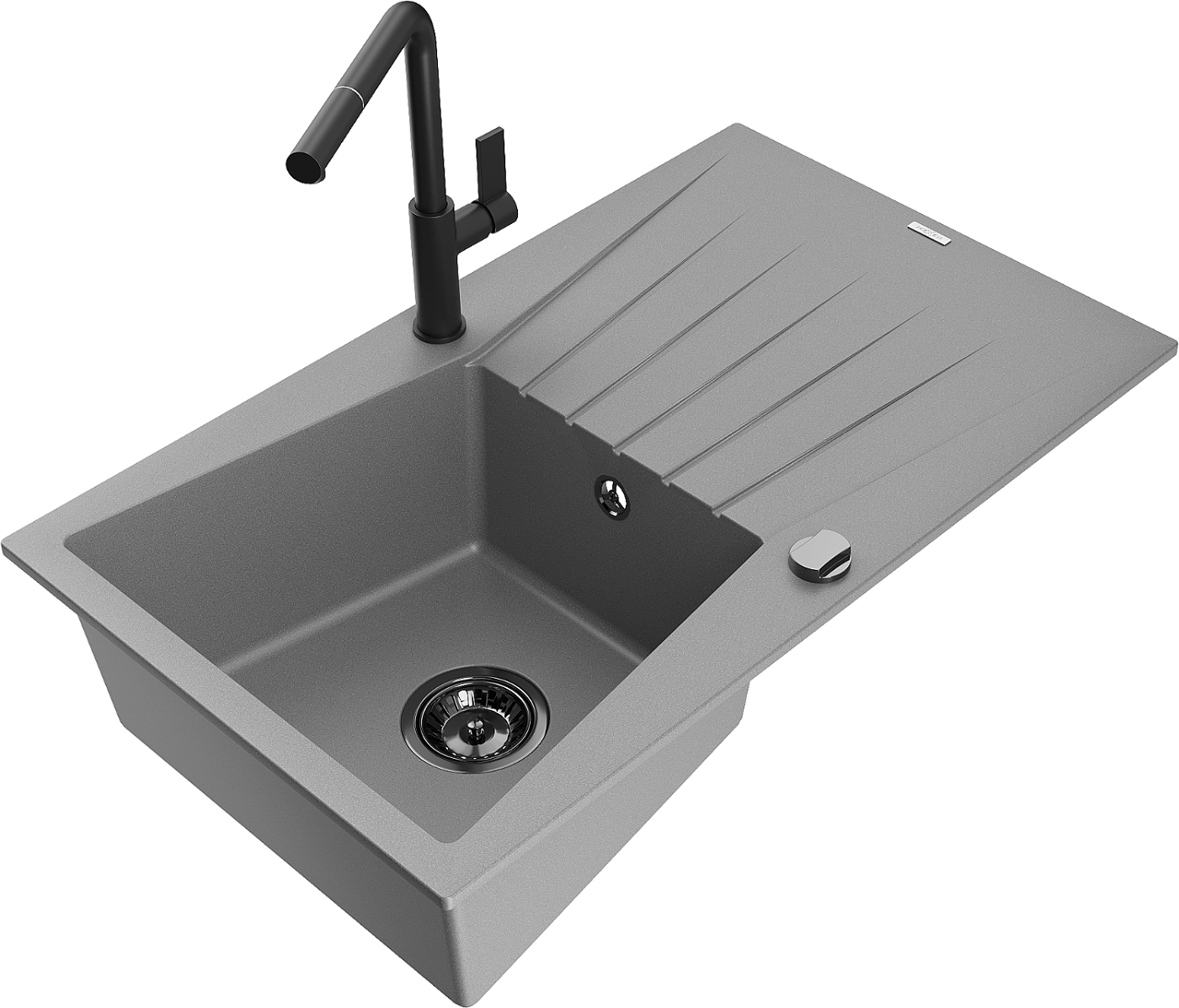 Mexen Cesar zlewozmywak granitowy 1-komorowy z ociekaczem i baterią kuchenną Flora, szary - 6514-71-670401-70-B