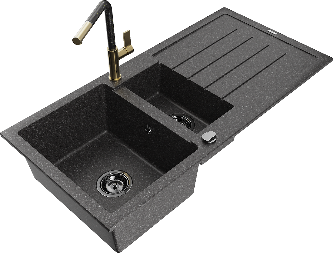 Mexen Andres zlewozmywak granitowy 1,5-komorowy z ociekaczem i baterią kuchenną Flora, czarny nakrapiany - 6515-76-670401-75-B