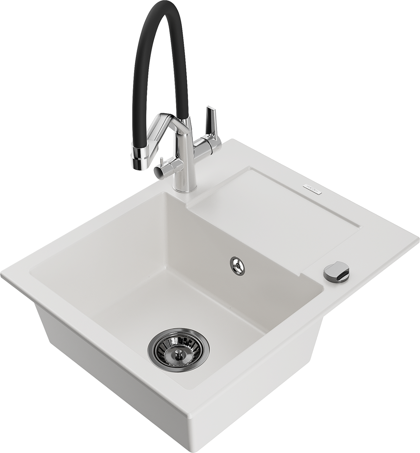 Mexen Enzo zlewozmywak granitowy 1-komorowy z ociekaczem i baterią kuchenną Duo, biały - 6506-20-671701-07-B