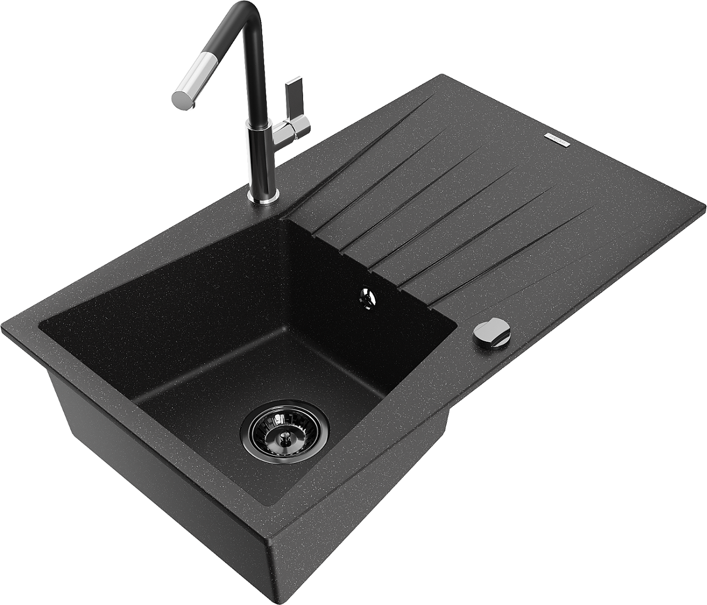 Mexen Cesar zlewozmywak granitowy 1-komorowy z ociekaczem i baterią kuchenną Flora, czarny/srebrny metalik - 6514-73-670401-07-B