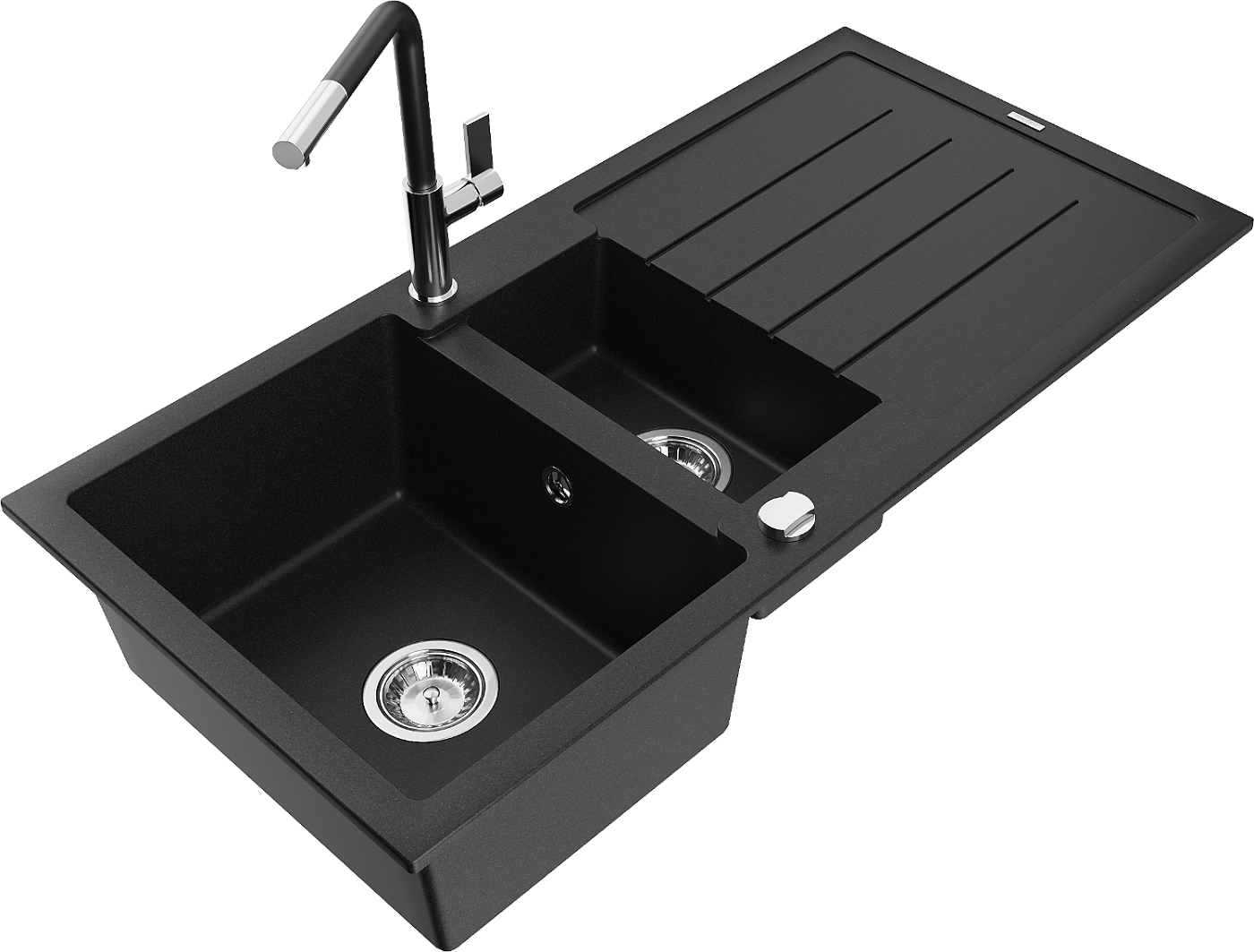 Mexen Andres zlewozmywak granitowy 1,5-komorowy z ociekaczem i baterią kuchenną Flora, czarny - 6515-77-670401-07
