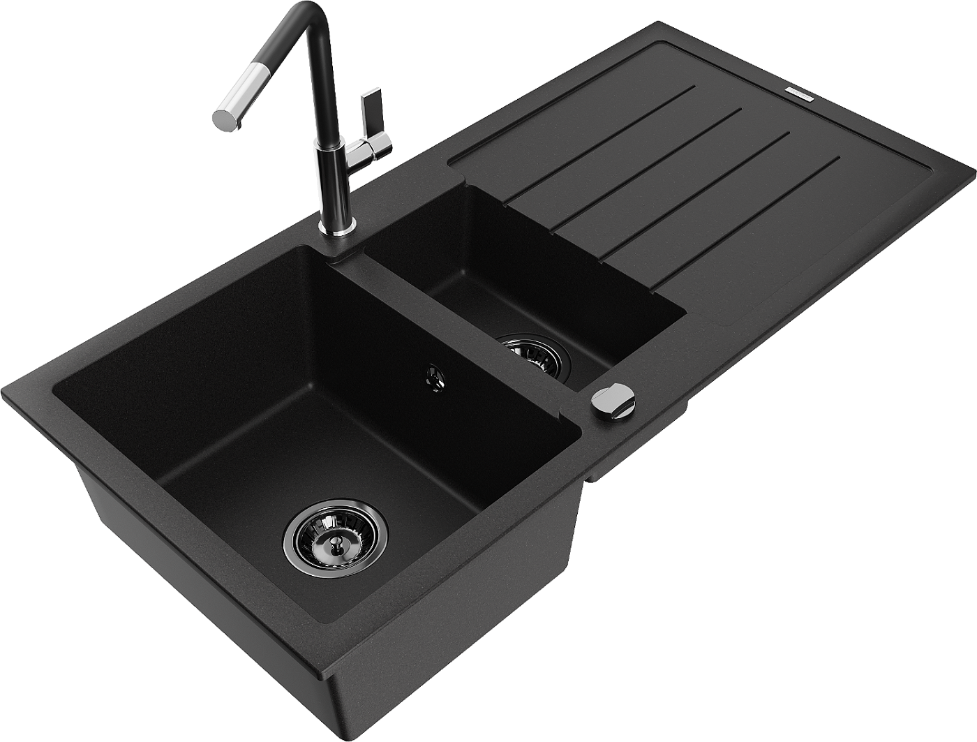 Mexen Andres zlewozmywak granitowy 1,5-komorowy z ociekaczem i baterią kuchenną Flora, czarny - 6515-77-670401-07-B