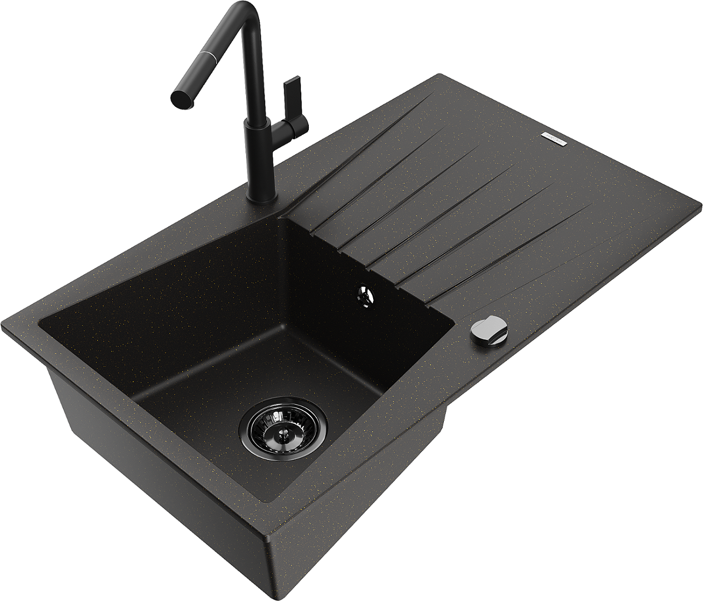 Mexen Cesar zlewozmywak granitowy 1-komorowy z ociekaczem i baterią kuchenną Flora, czarny/złoty metalik - 6514-75-670401-70-B