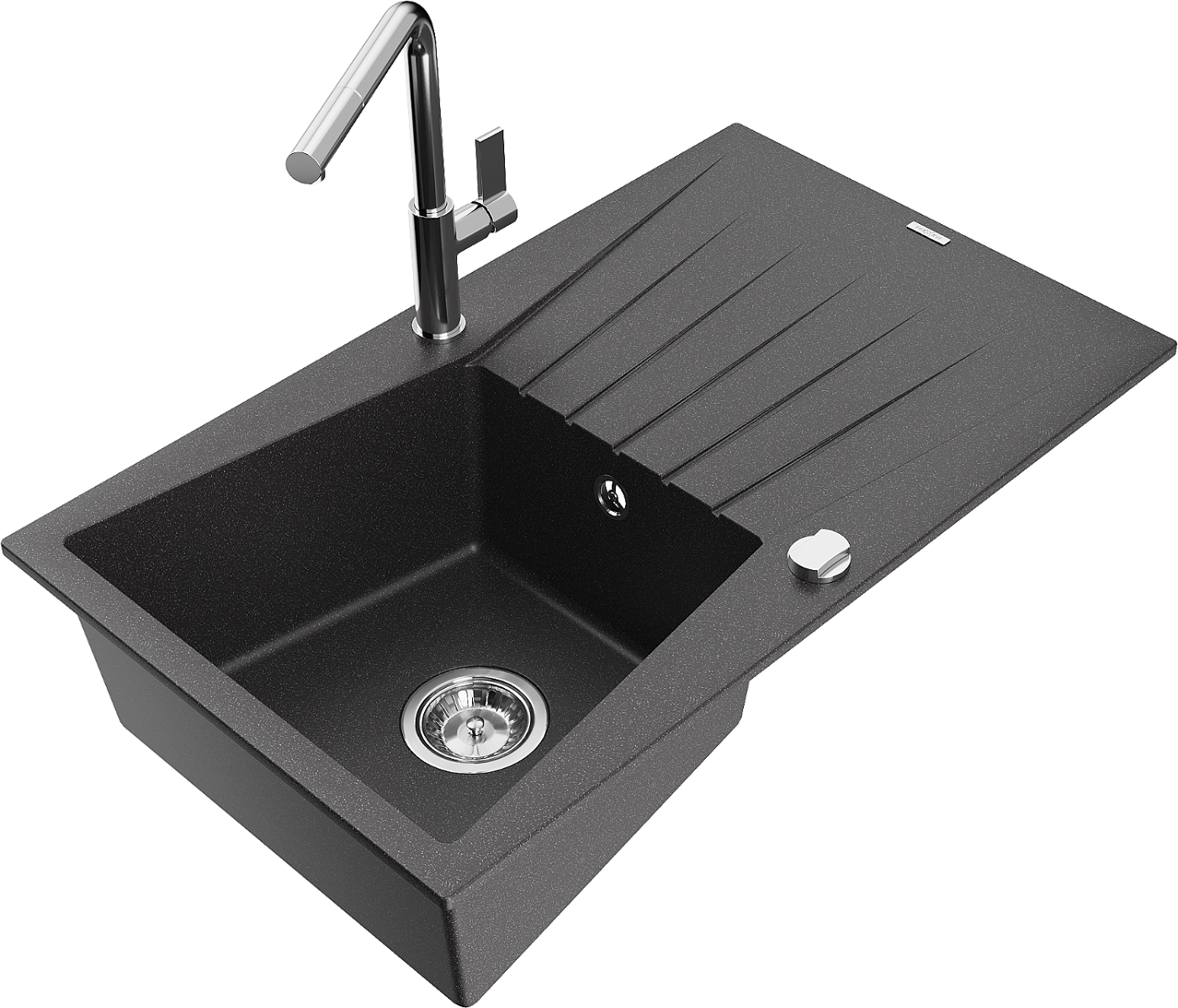 Mexen Cesar zlewozmywak granitowy 1-komorowy z ociekaczem i baterią kuchenną Flora, czarny nakrapiany - 6514-76-670401-00