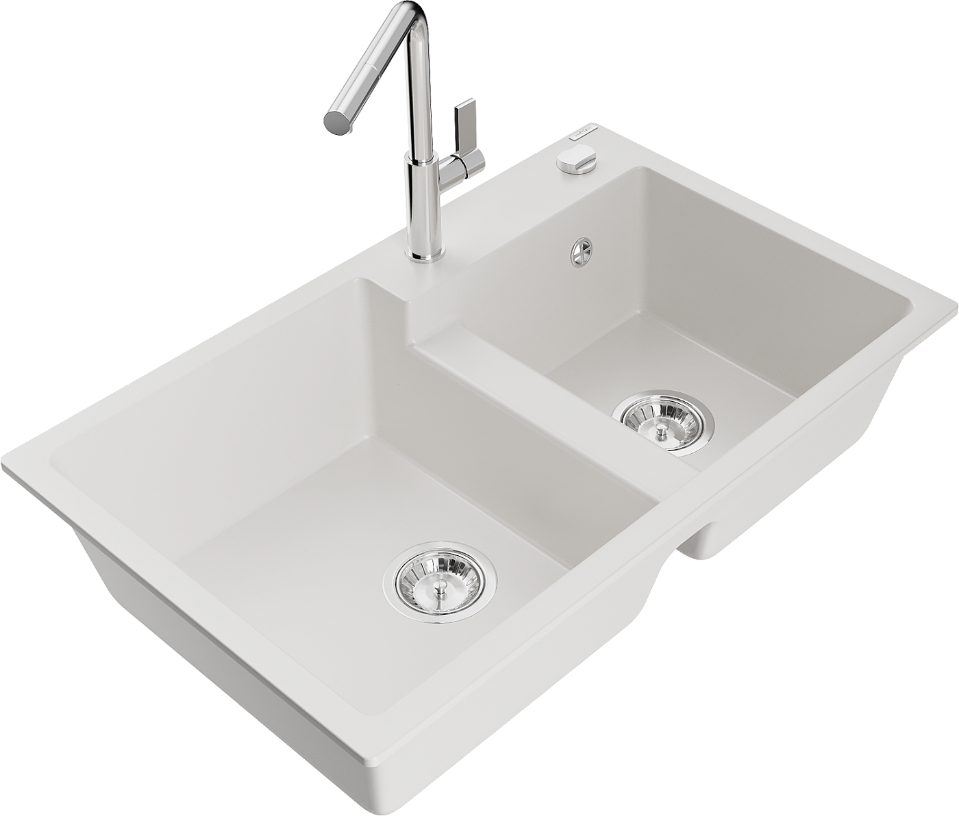 Mexen Tomas zlewozmywak granitowy 2-komorowy z baterią kuchenną Flora, biały - 6516-20-670401-00