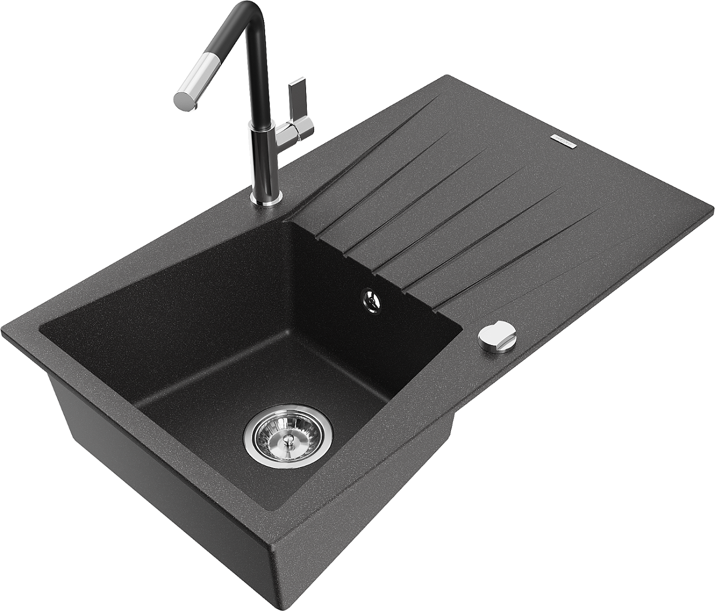 Mexen Cesar zlewozmywak granitowy 1-komorowy z ociekaczem i baterią kuchenną Flora, czarny nakrapiany - 6514-76-670401-07