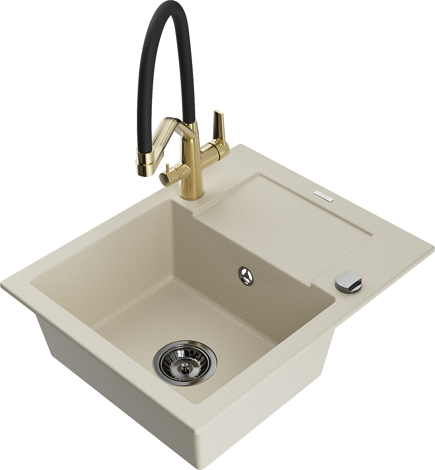 Mexen Enzo zlewozmywak granitowy 1-komorowy z ociekaczem i baterią kuchenną Duo, beżowy - 6506-69-671701-57-B