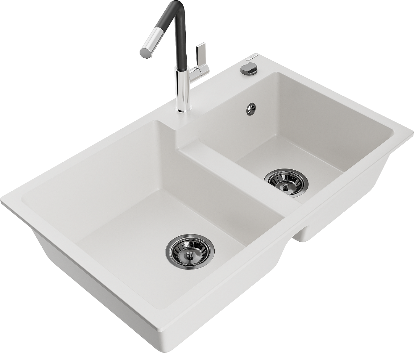 Mexen Tomas zlewozmywak granitowy 2-komorowy z baterią kuchenną Flora, biały - 6516-20-670401-07-B