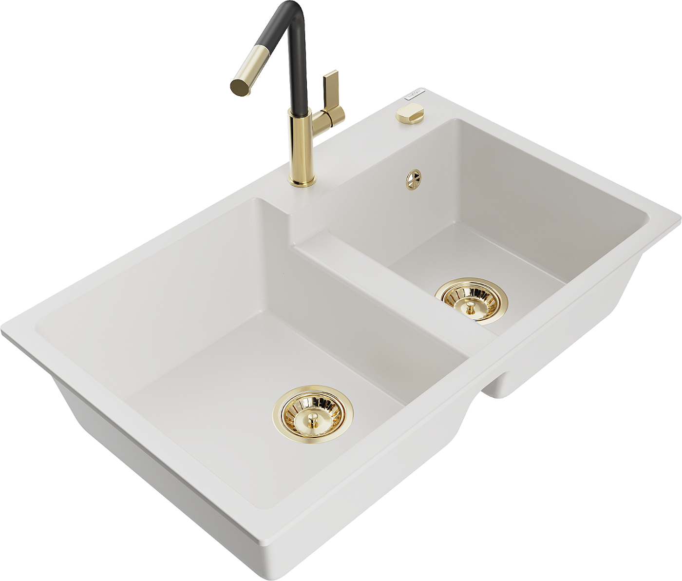 Mexen Tomas zlewozmywak granitowy 2-komorowy z baterią kuchenną Flora, biały - 6516-20-670401-57-G