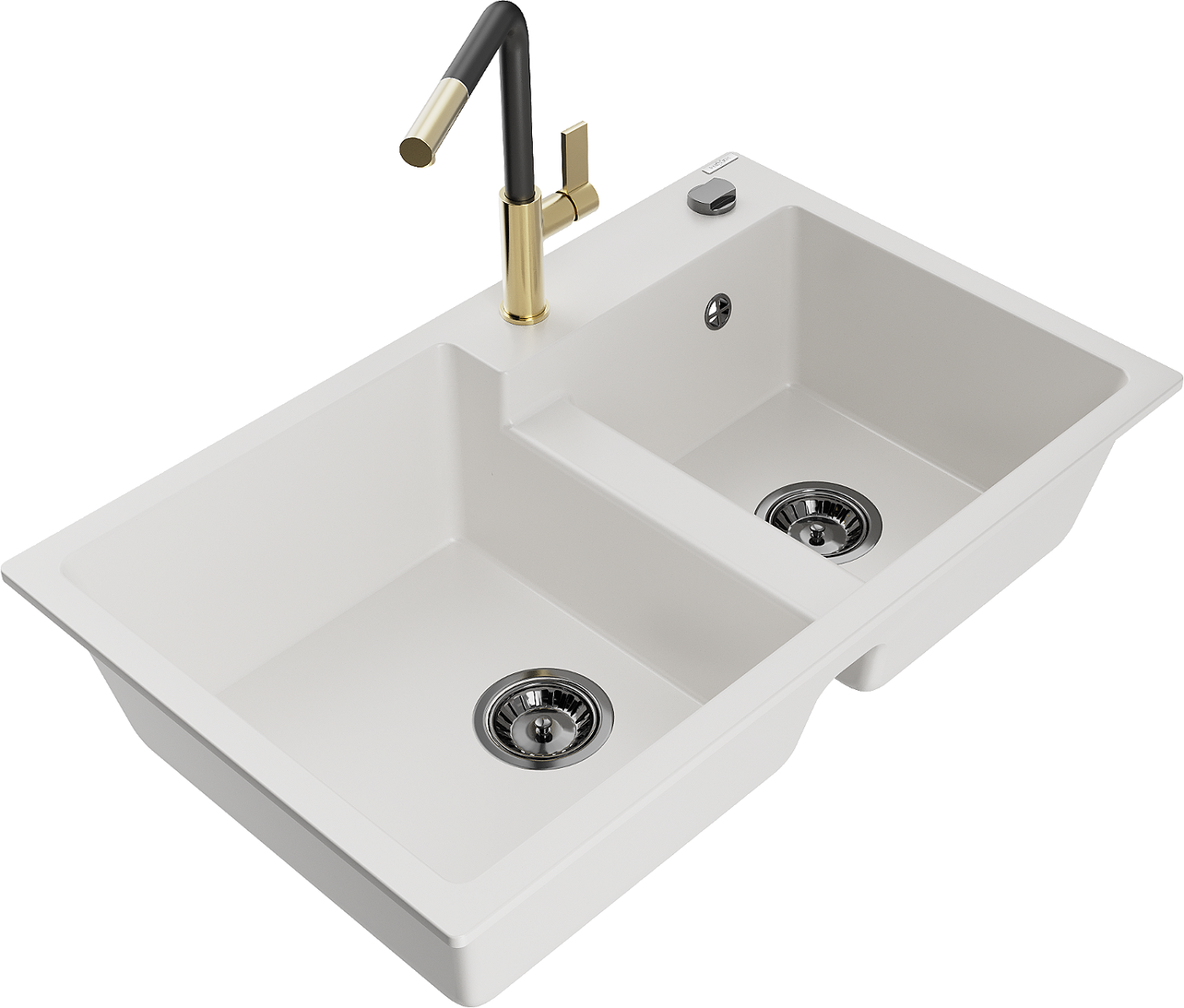 Mexen Tomas zlewozmywak granitowy 2-komorowy z baterią kuchenną Flora, biały - 6516-20-670401-57-B