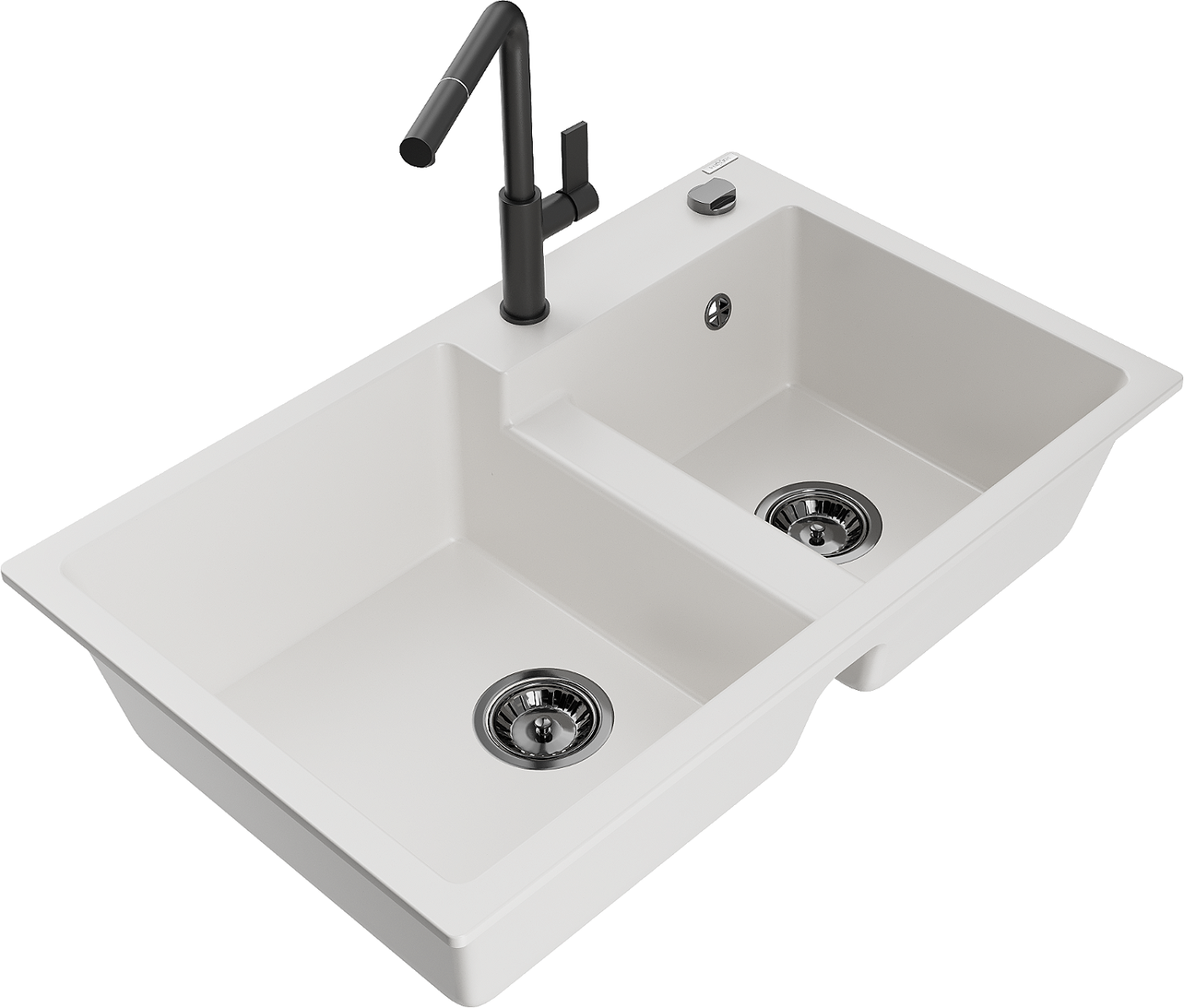 Mexen Tomas zlewozmywak granitowy 2-komorowy z baterią kuchenną Flora, biały - 6516-20-670401-70-B