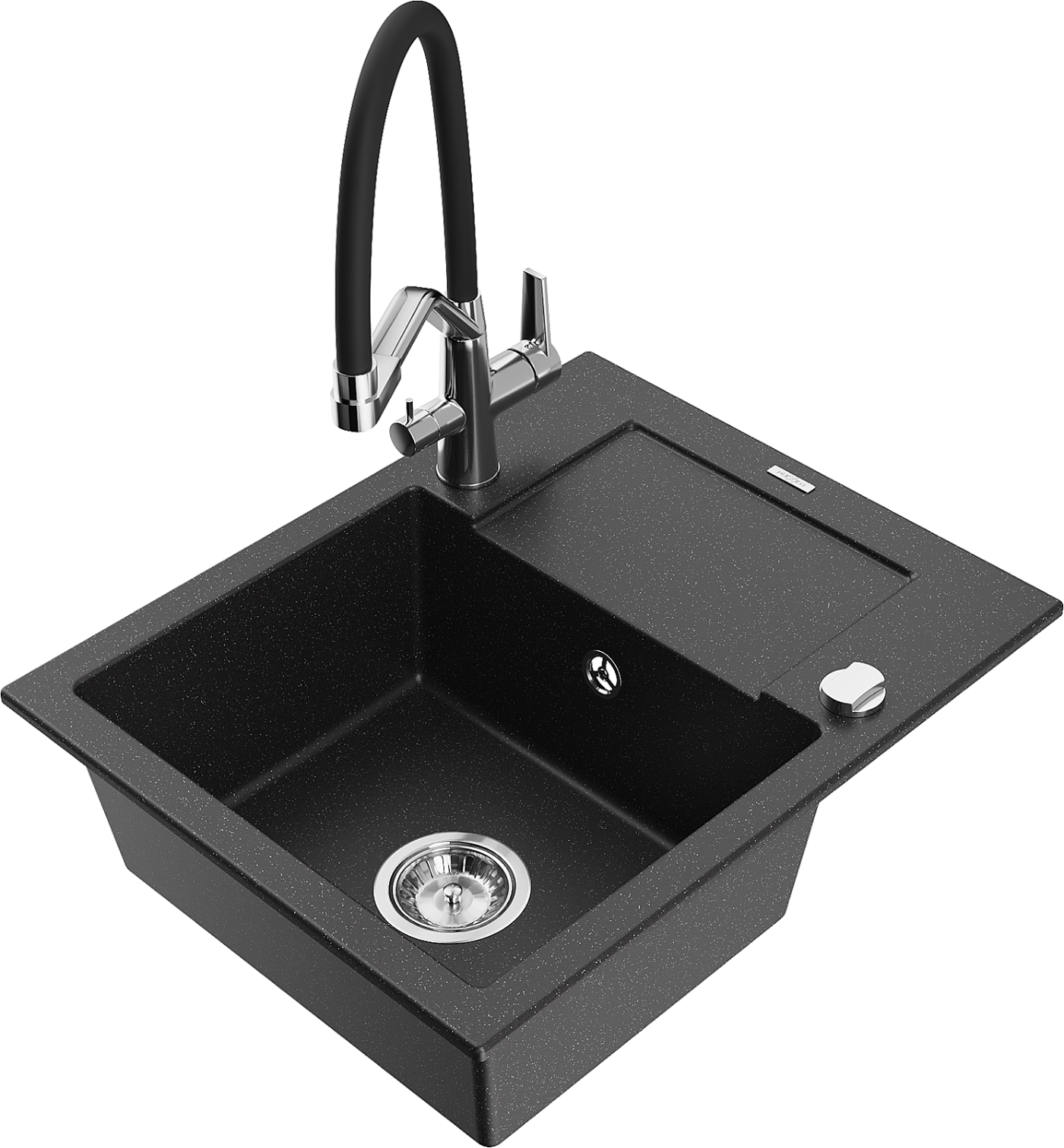 Mexen Enzo zlewozmywak granitowy 1-komorowy z ociekaczem i baterią kuchenną Duo, czarny/srebrny metalik - 6506-73-671701-07