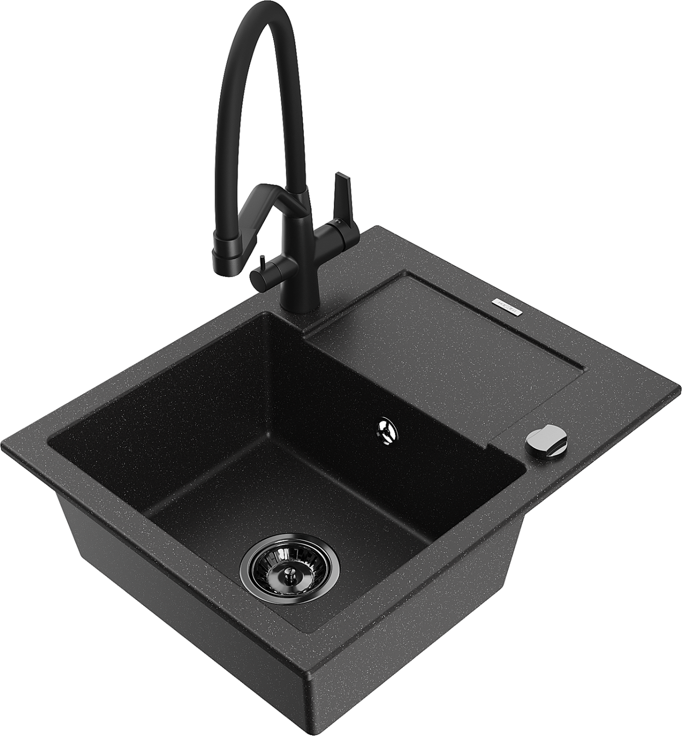 Mexen Enzo zlewozmywak granitowy 1-komorowy z ociekaczem i baterią kuchenną Duo, czarny/srebrny metalik - 6506-73-671701-70-B