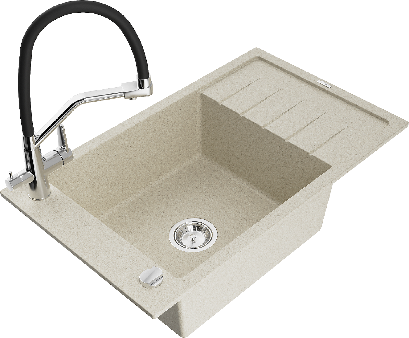 Mexen Elias zlewozmywak granitowy 1-komorowy z ociekaczem i baterią kuchenną Duo, beżowy - 6511-69-671701-07
