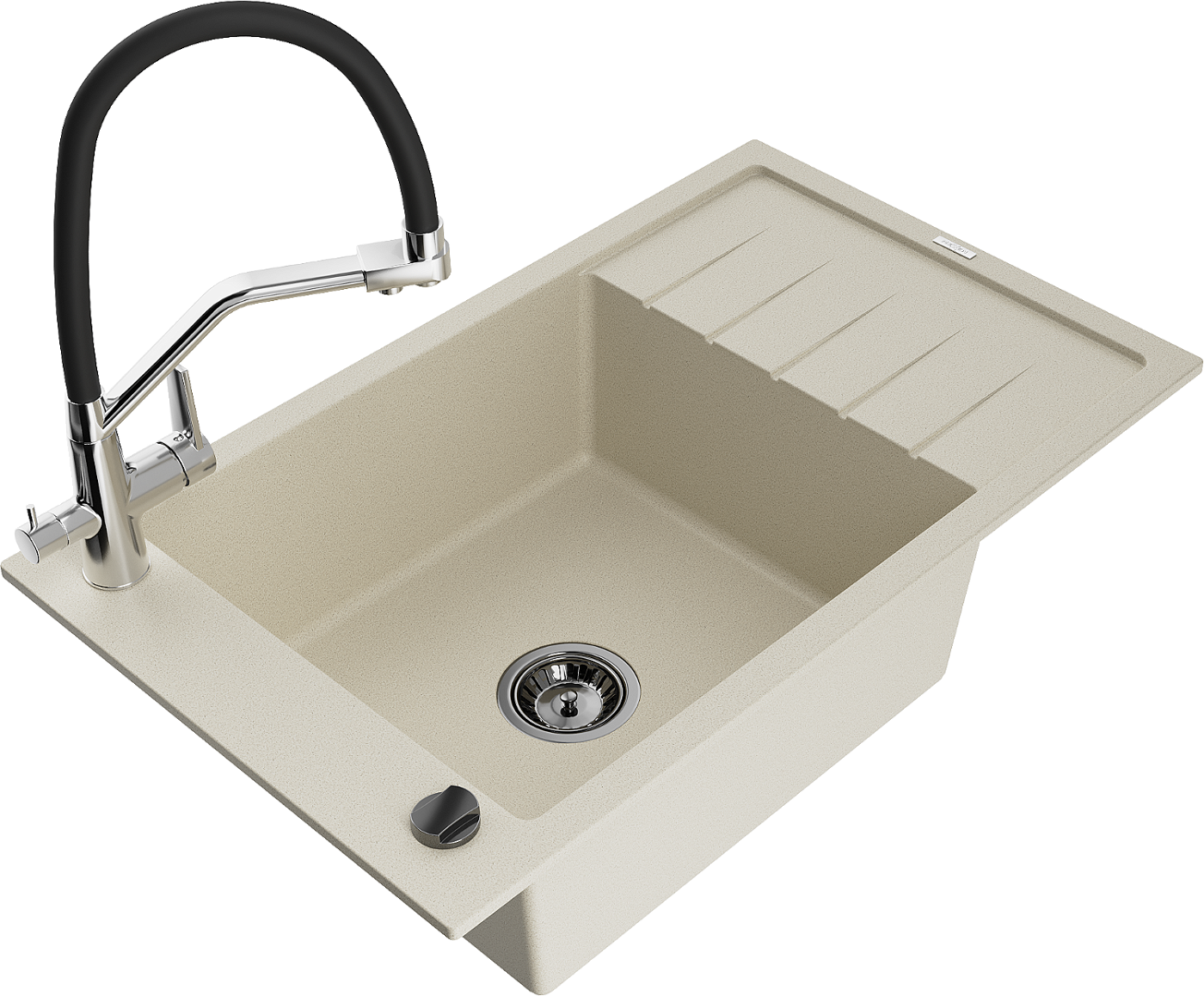 Mexen Elias zlewozmywak granitowy 1-komorowy z ociekaczem i baterią kuchenną Duo, beżowy - 6511-69-671701-07-B