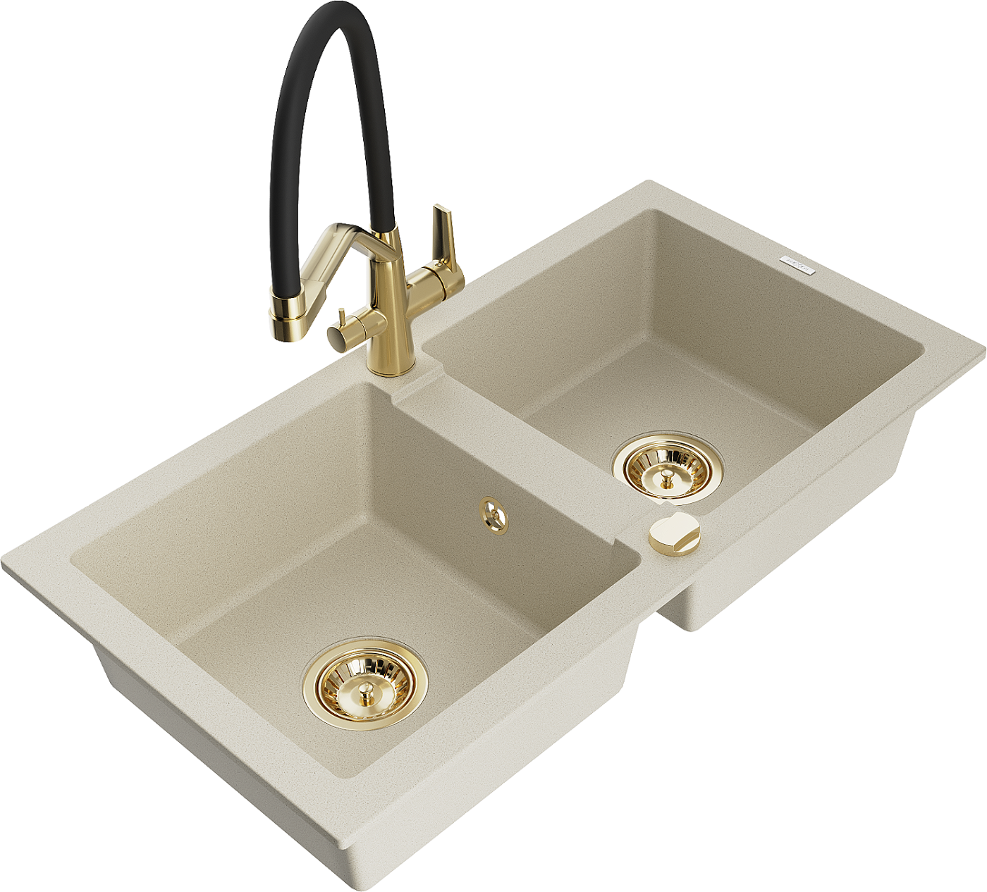 Mexen Mario zlewozmywak granitowy 2-komorowy z baterią kuchenną Duo, beżowy - 6504-69-671701-57-G