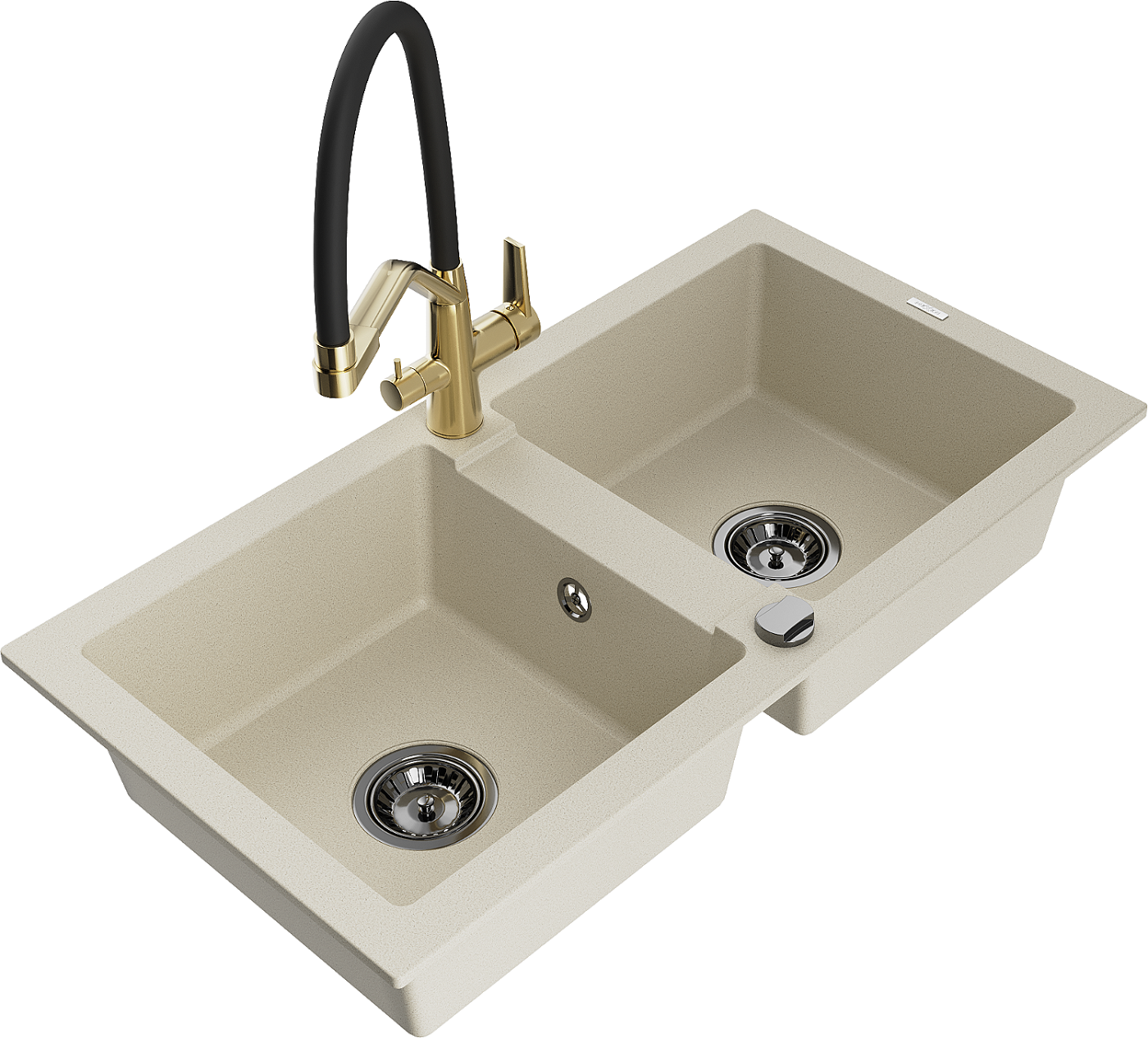 Mexen Mario zlewozmywak granitowy 2-komorowy z baterią kuchenną Duo, beżowy - 6504-69-671701-57-B