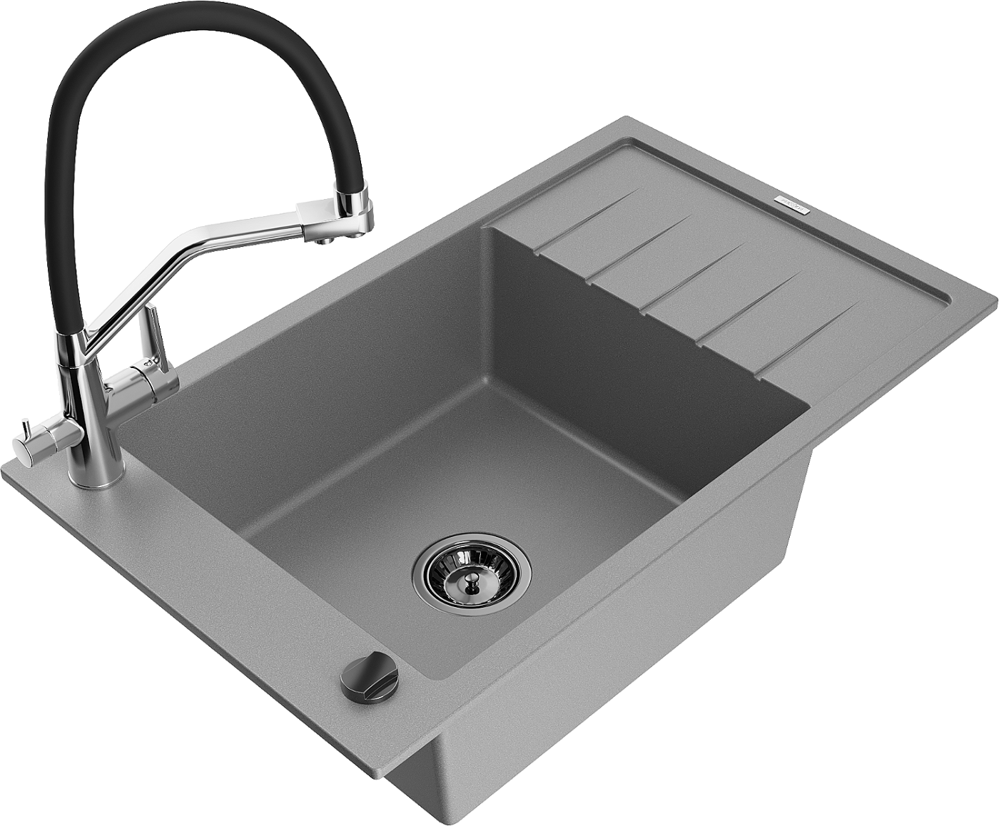 Mexen Elias zlewozmywak granitowy 1-komorowy z ociekaczem i baterią kuchenną Duo, szary - 6511-71-671701-07-B