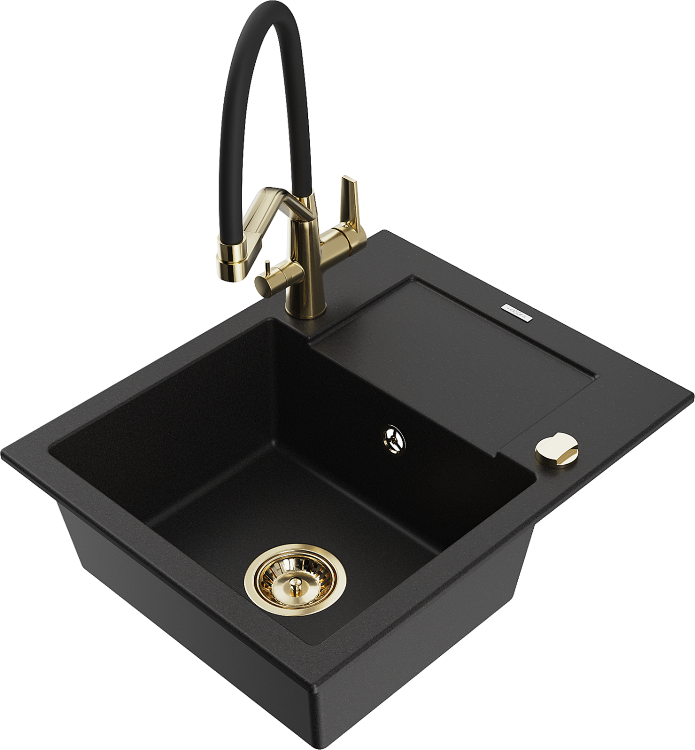 Mexen Enzo zlewozmywak granitowy 1-komorowy z ociekaczem i baterią kuchenną Duo, czarny - 6506-77-671701-57-G