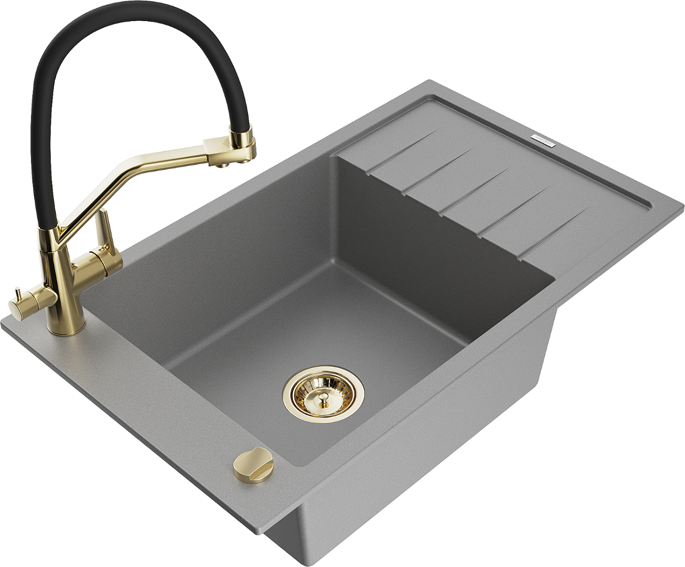 Mexen Elias zlewozmywak granitowy 1-komorowy z ociekaczem i baterią kuchenną Duo, szary - 6511-71-671701-57-G