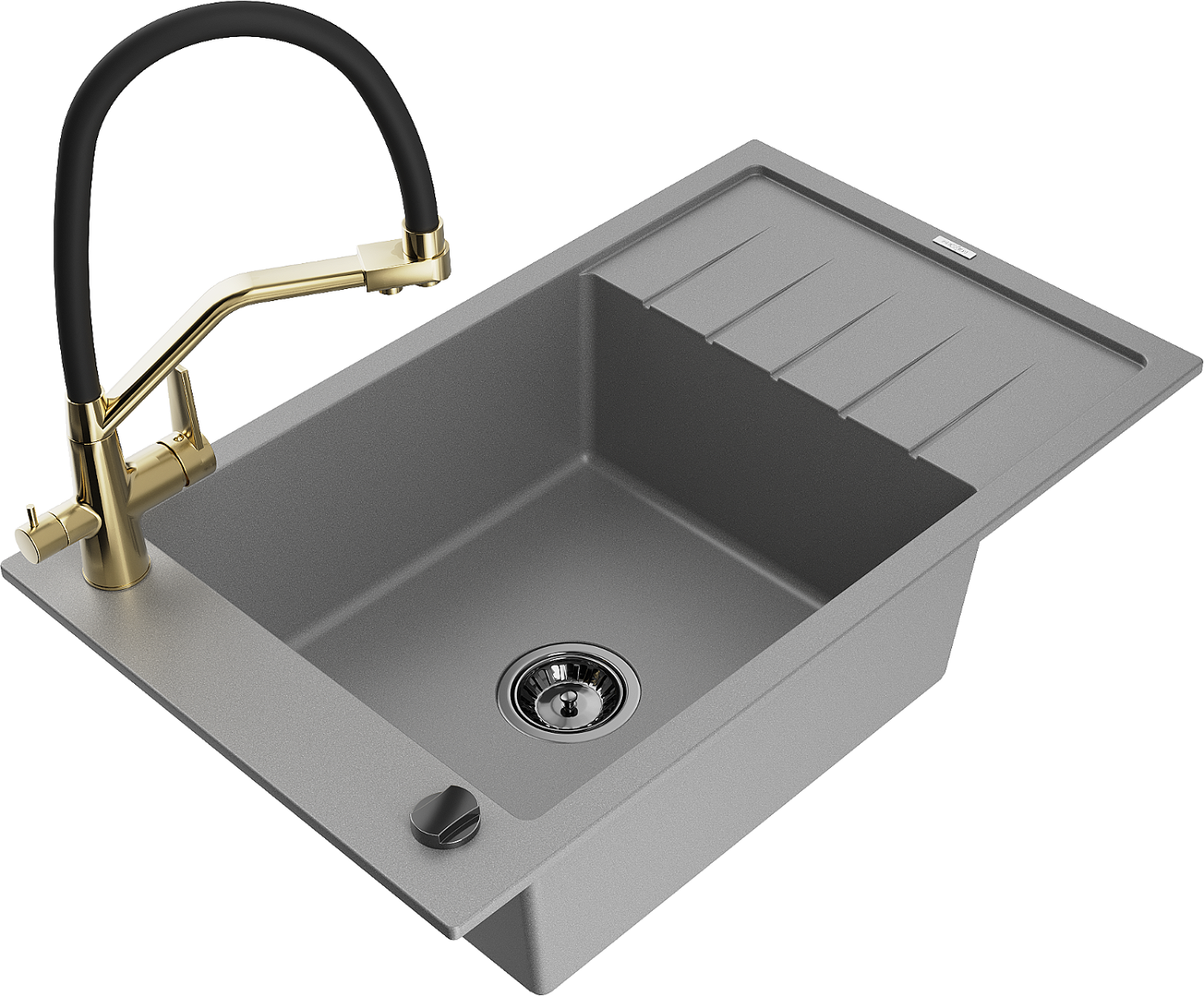 Mexen Elias zlewozmywak granitowy 1-komorowy z ociekaczem i baterią kuchenną Duo, szary - 6511-71-671701-57-B