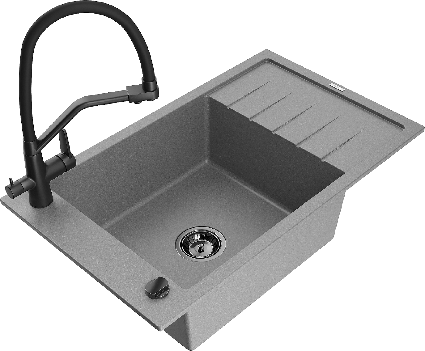 Mexen Elias zlewozmywak granitowy 1-komorowy z ociekaczem i baterią kuchenną Duo, szary - 6511-71-671701-70-B