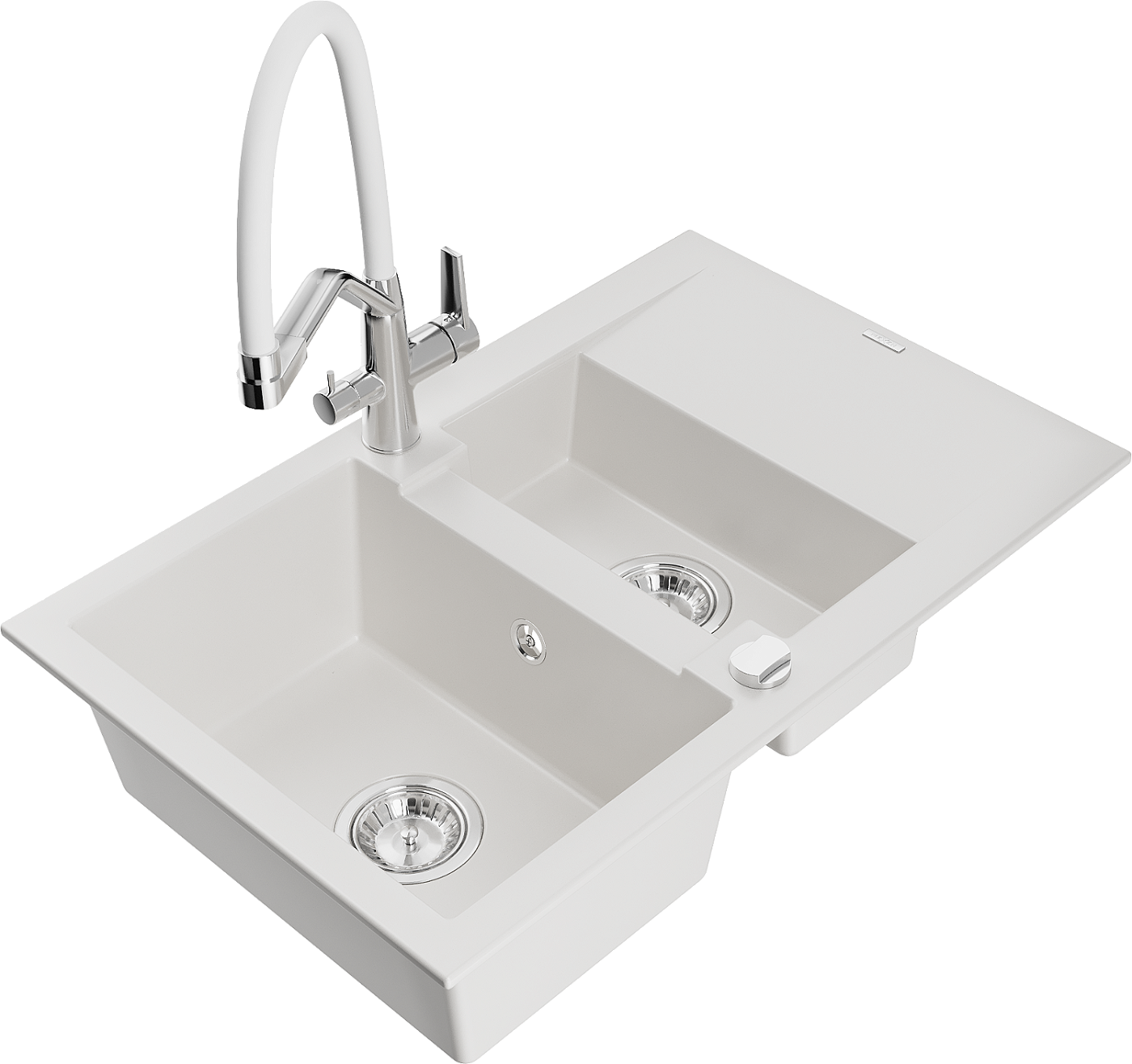 Mexen Gaspar zlewozmywak granitowy 1,5-komorowy z ociekaczem i baterią kuchenną Duo, biały - 6507-20-671701-02