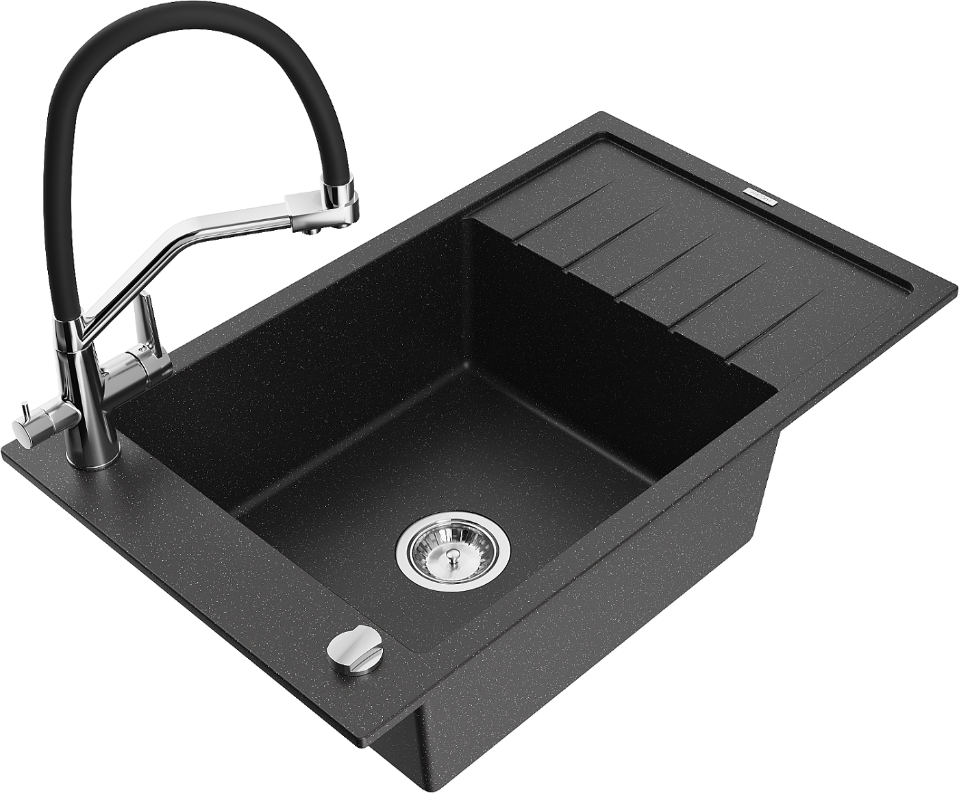 Mexen Elias zlewozmywak granitowy 1-komorowy z ociekaczem i baterią kuchenną Duo, czarny/srebrny metalik - 6511-73-671701-07