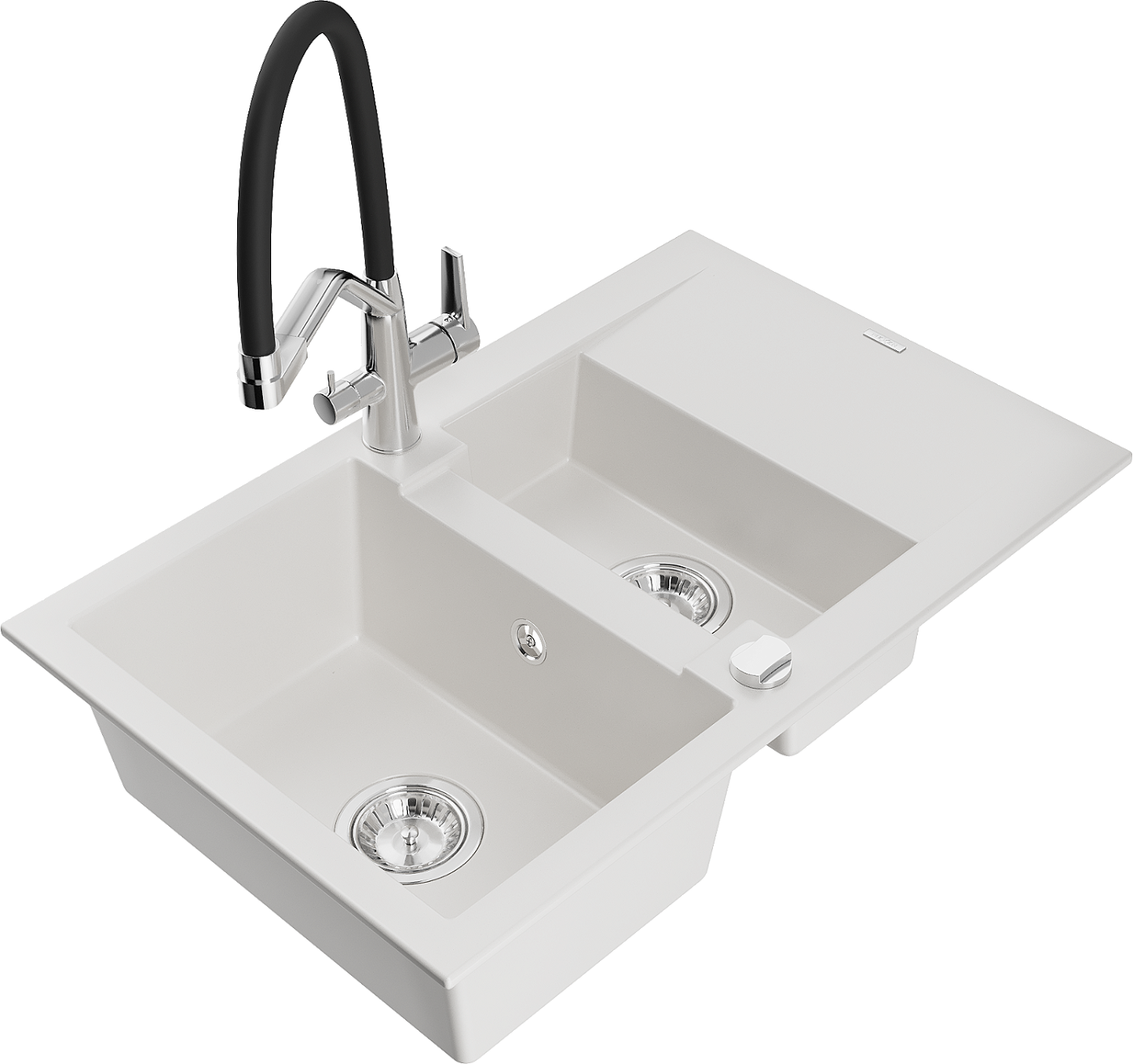 Mexen Gaspar zlewozmywak granitowy 1,5-komorowy z ociekaczem i baterią kuchenną Duo, biały - 6507-20-671701-07