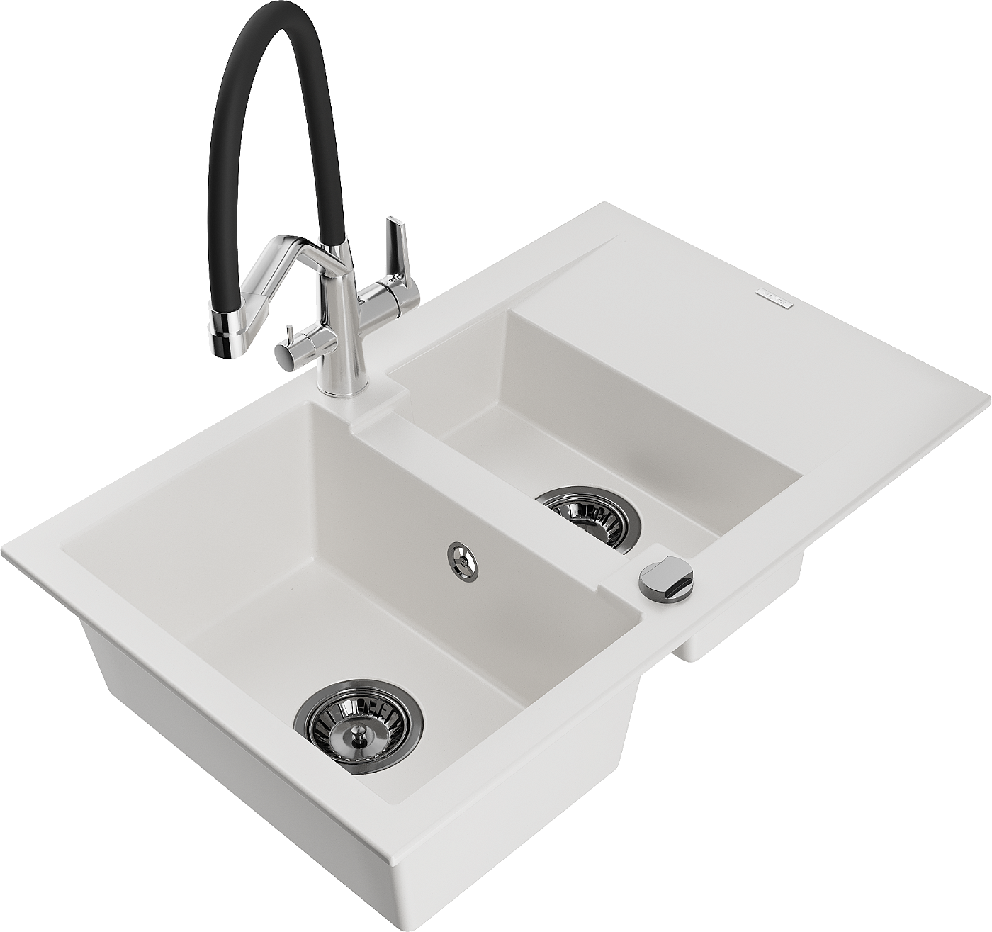 Mexen Gaspar zlewozmywak granitowy 1,5-komorowy z ociekaczem i baterią kuchenną Duo, biały - 6507-20-671701-07-B