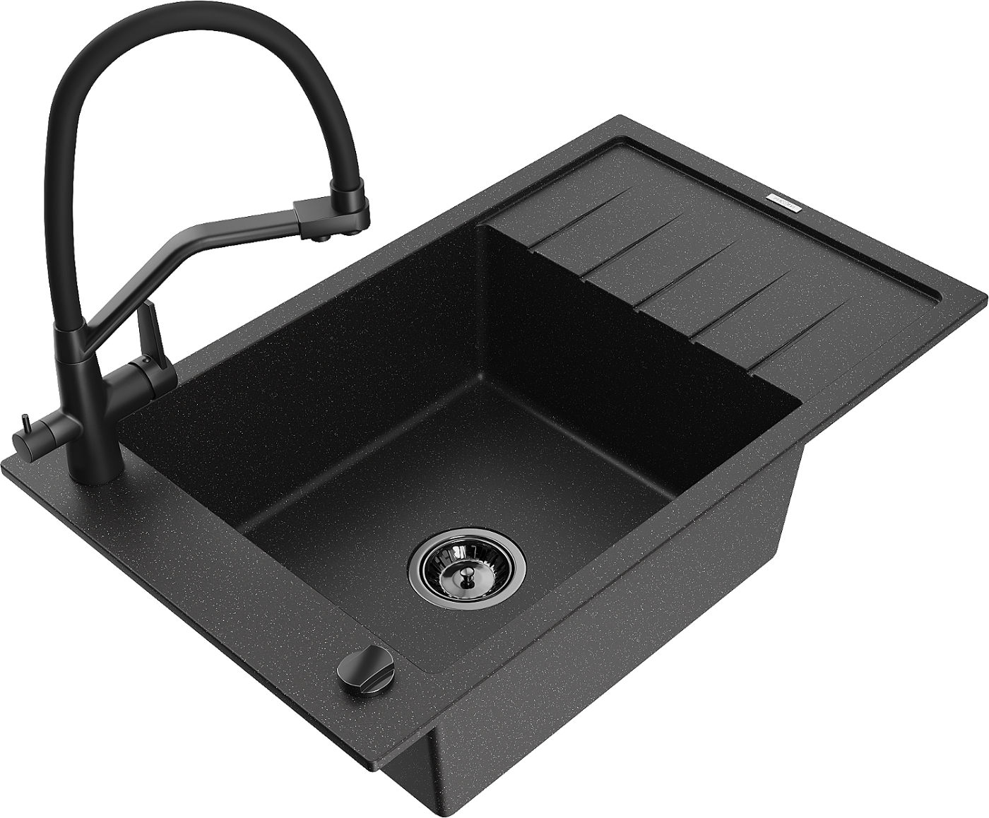 Mexen Elias zlewozmywak granitowy 1-komorowy z ociekaczem i baterią kuchenną Duo, czarny/srebrny metalik - 6511-73-671701-70-B