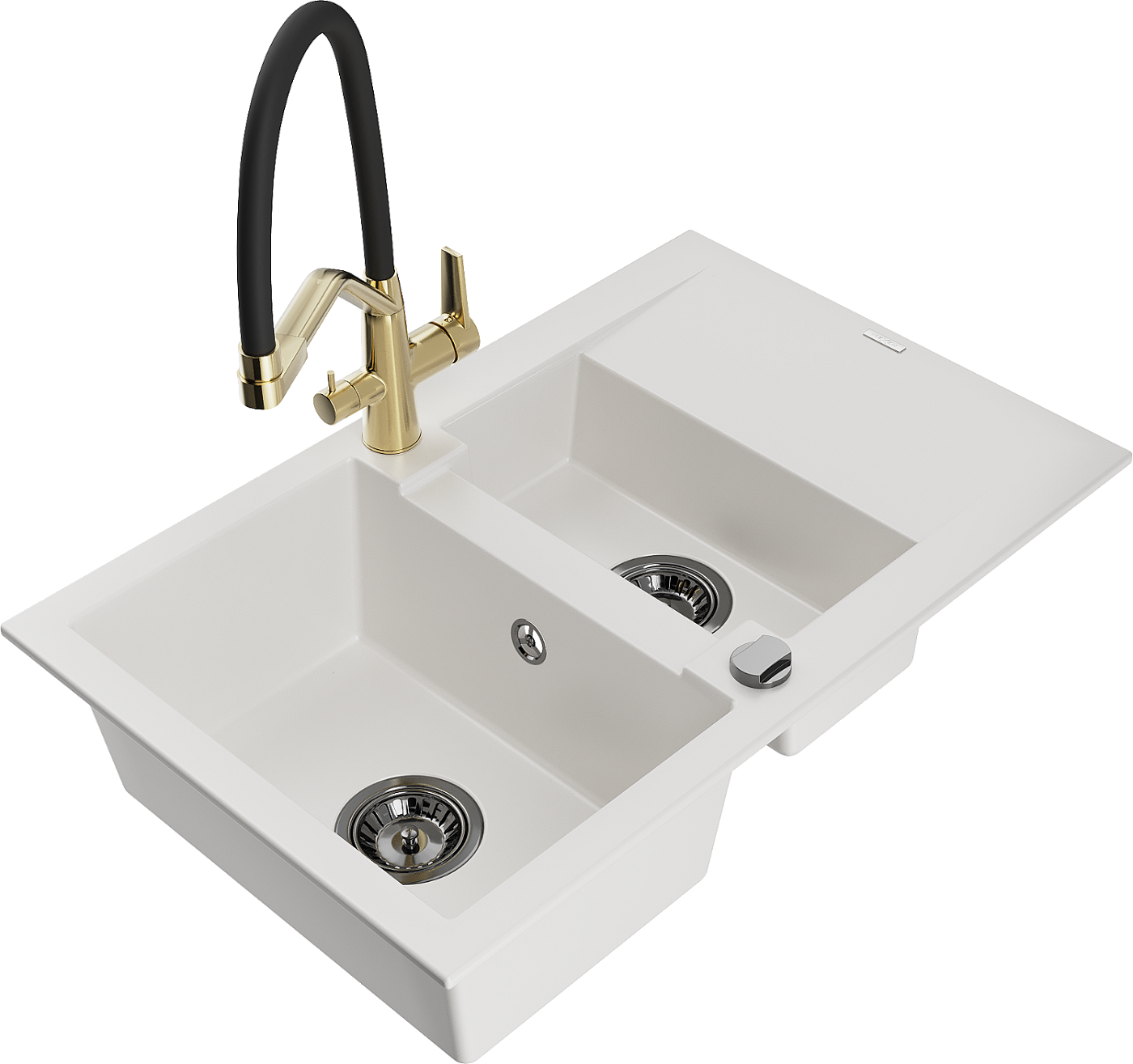 Mexen Gaspar zlewozmywak granitowy 1,5-komorowy z ociekaczem i baterią kuchenną Duo, biały - 6507-20-671701-57-B