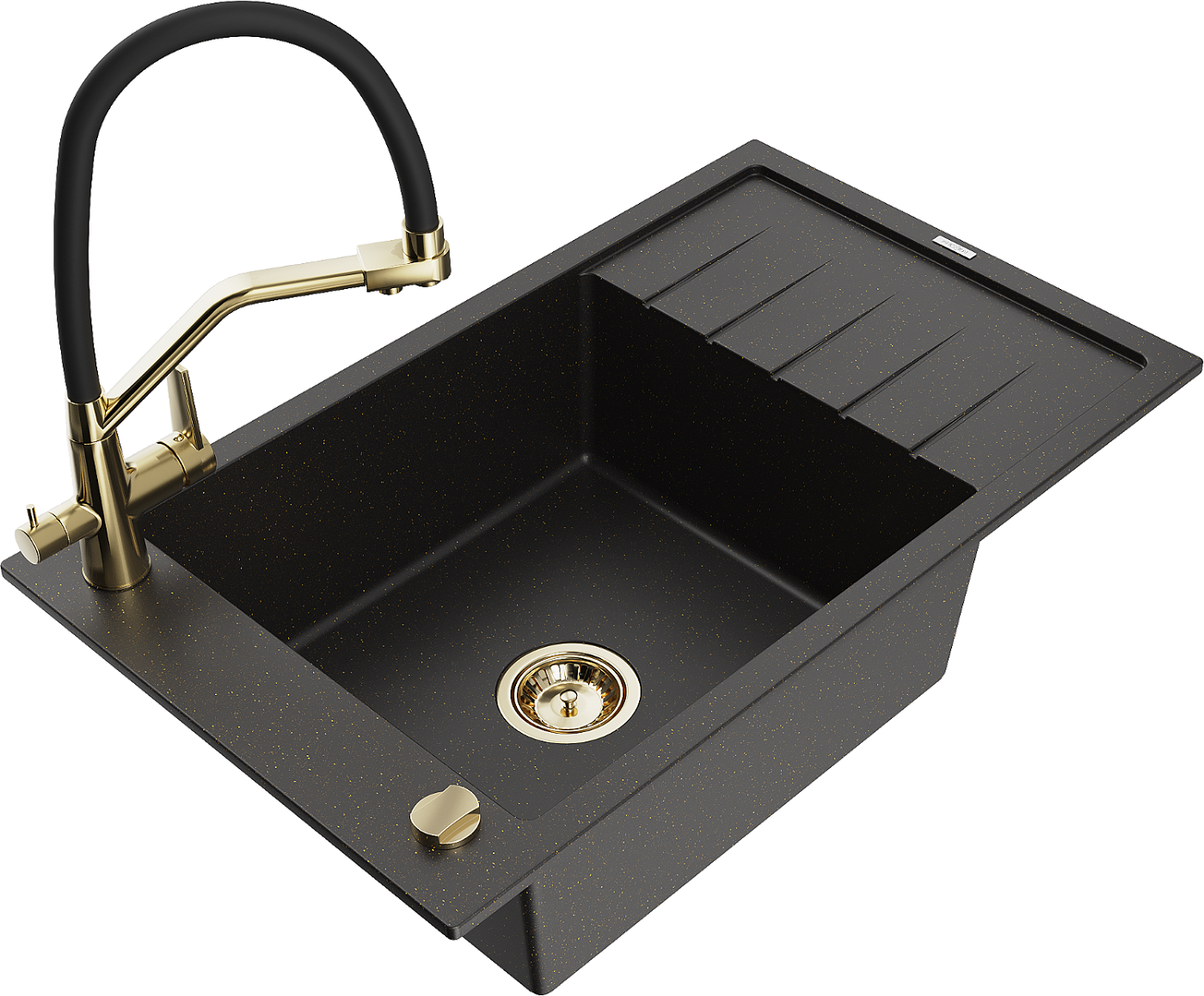 Mexen Elias zlewozmywak granitowy 1-komorowy z ociekaczem i baterią kuchenną Duo, czarny/złoty metalik - 6511-75-671701-57-G