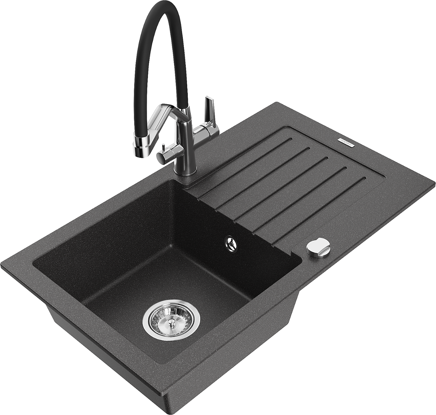 Mexen Pablo zlewozmywak granitowy 1-komorowy z ociekaczem i baterią kuchenną Duo, czarny nakrapiany - 6510-76-671701-07