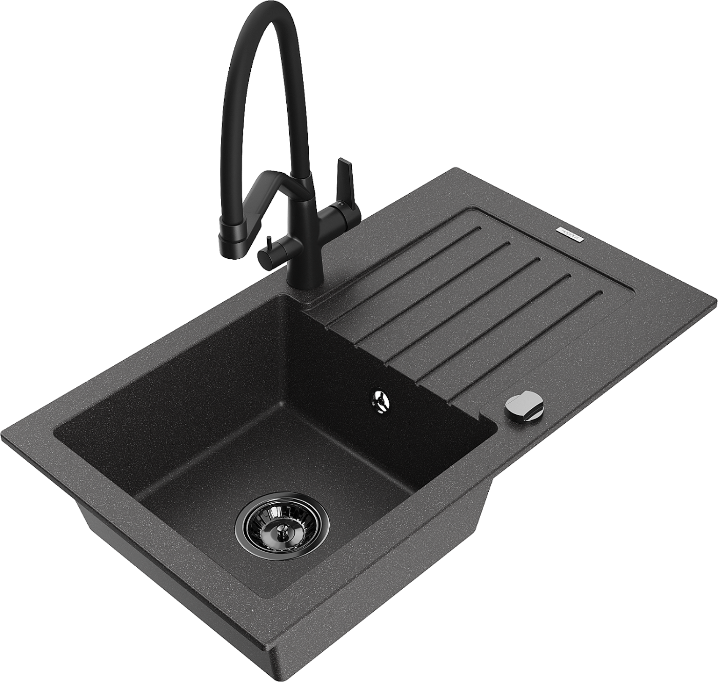 Mexen Pablo zlewozmywak granitowy 1-komorowy z ociekaczem i baterią kuchenną Duo, czarny nakrapiany - 6510-76-671701-70-B