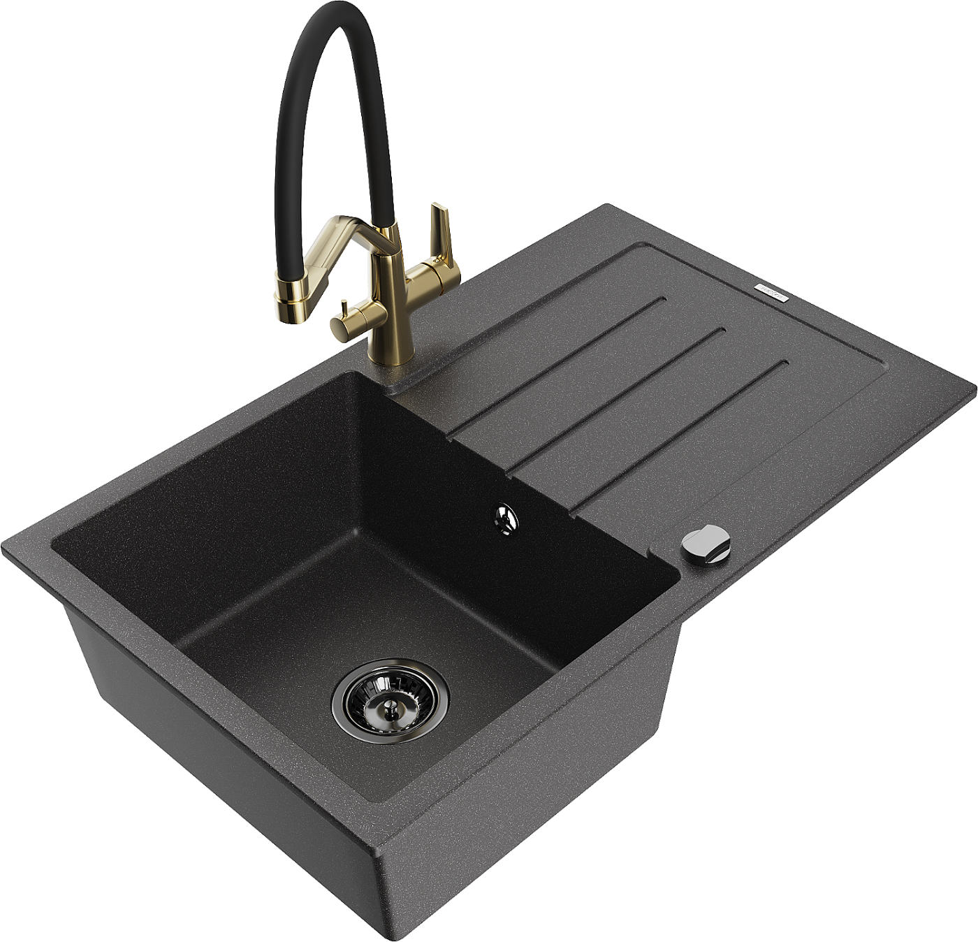Mexen Bruno zlewozmywak granitowy 1-komorowy z ociekaczem i baterią kuchenną Duo, czarny nakrapiany - 6513-76-671701-57-B