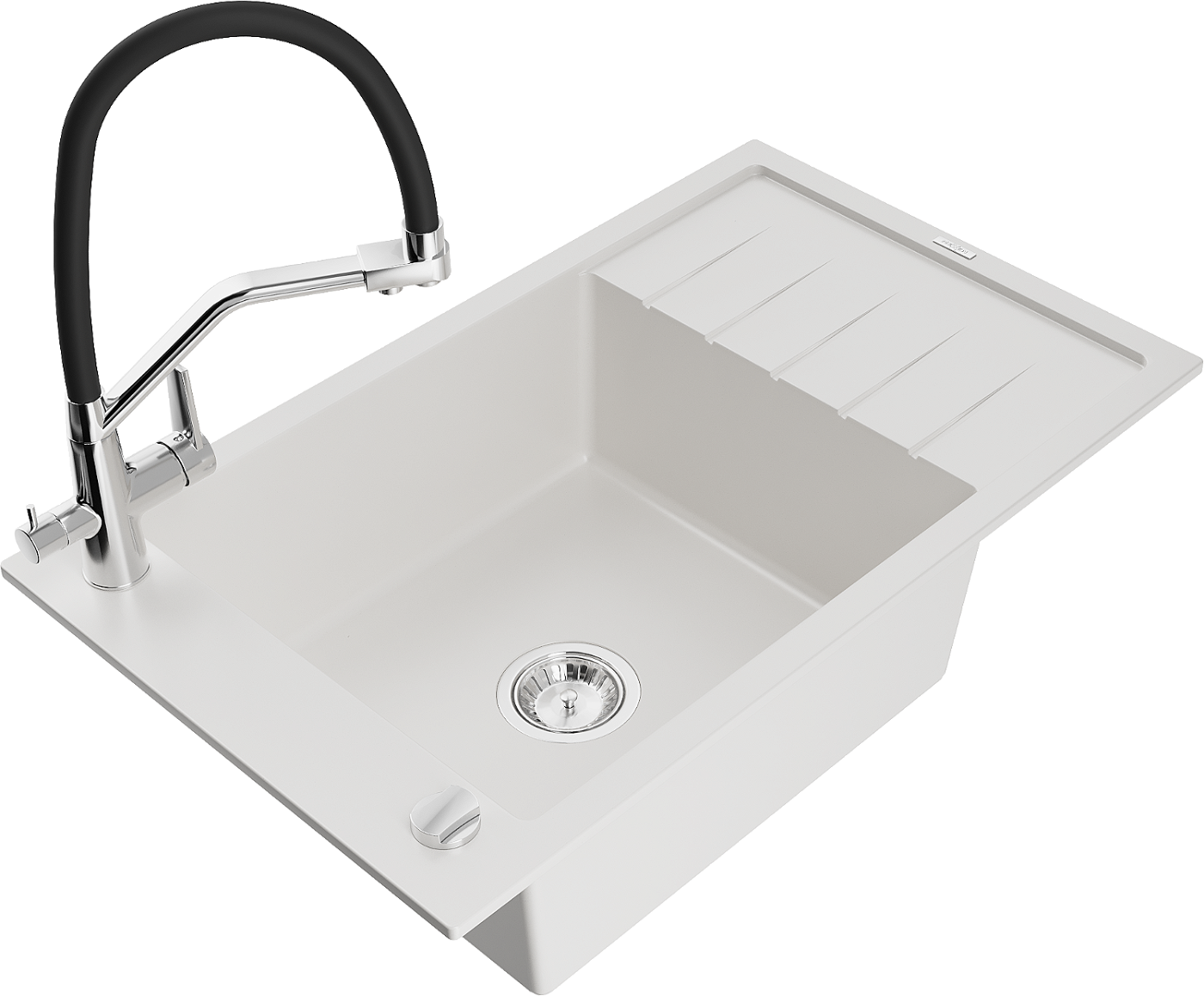 Mexen Elias zlewozmywak granitowy 1-komorowy z ociekaczem i baterią kuchenną Duo, biały - 6511-20-671701-07