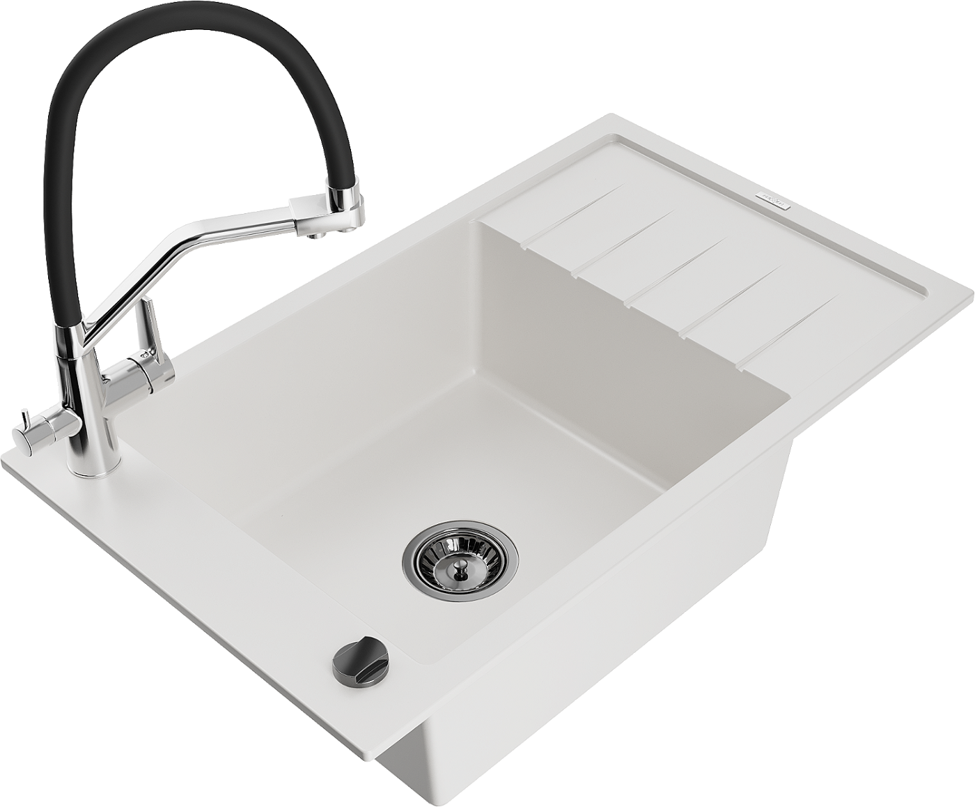 Mexen Elias zlewozmywak granitowy 1-komorowy z ociekaczem i baterią kuchenną Duo, biały - 6511-20-671701-07-B