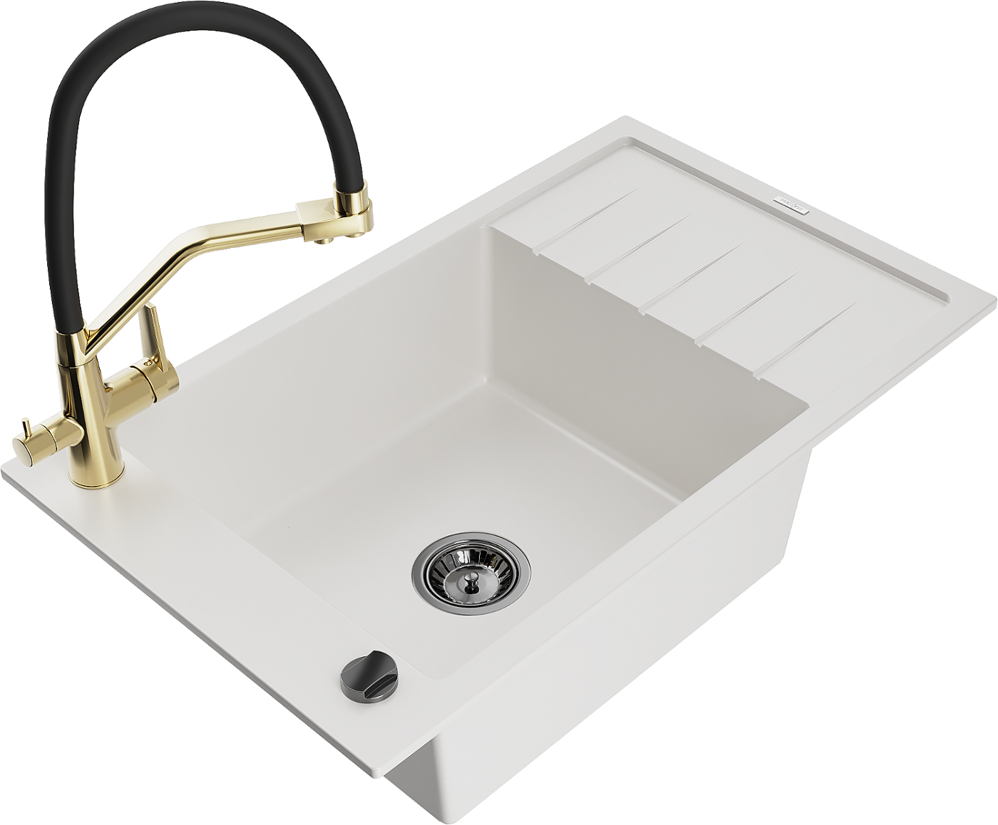 Mexen Elias zlewozmywak granitowy 1-komorowy z ociekaczem i baterią kuchenną Duo, biały - 6511-20-671701-57-B