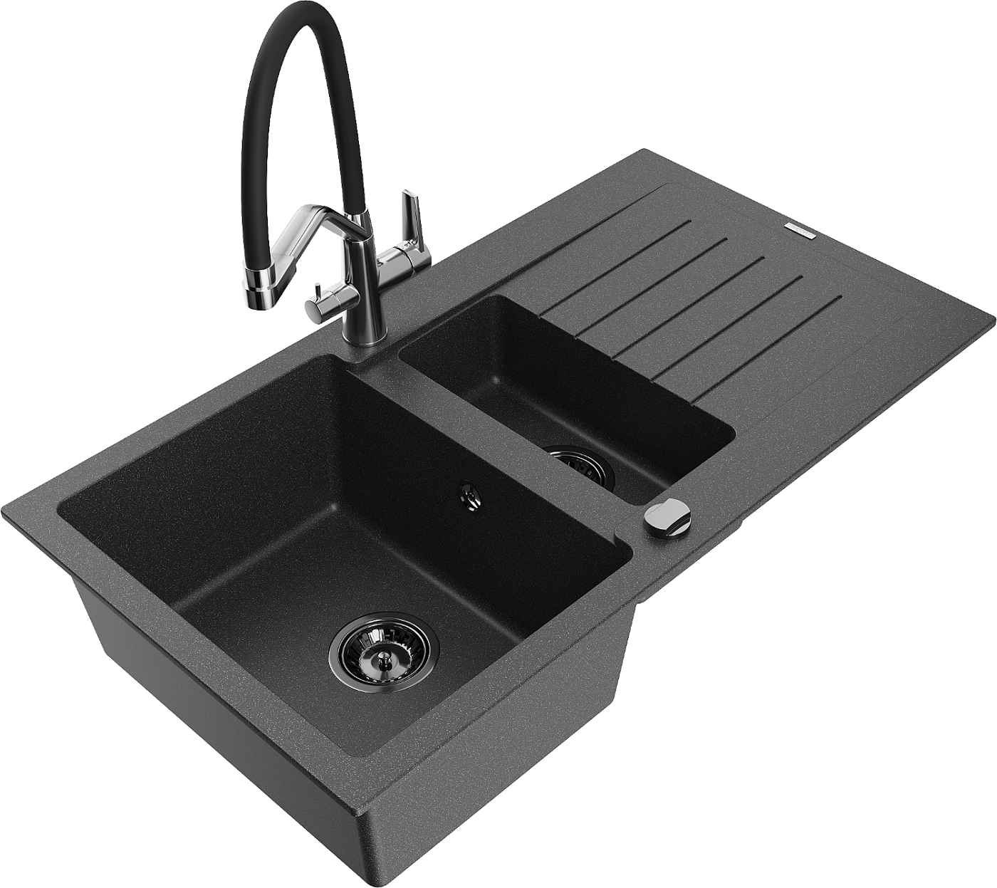 Mexen Matias zlewozmywak granitowy 1,5-komorowy z ociekaczem i baterią kuchenną Duo, czarny nakrapiany - 6502-76-671701-07-B
